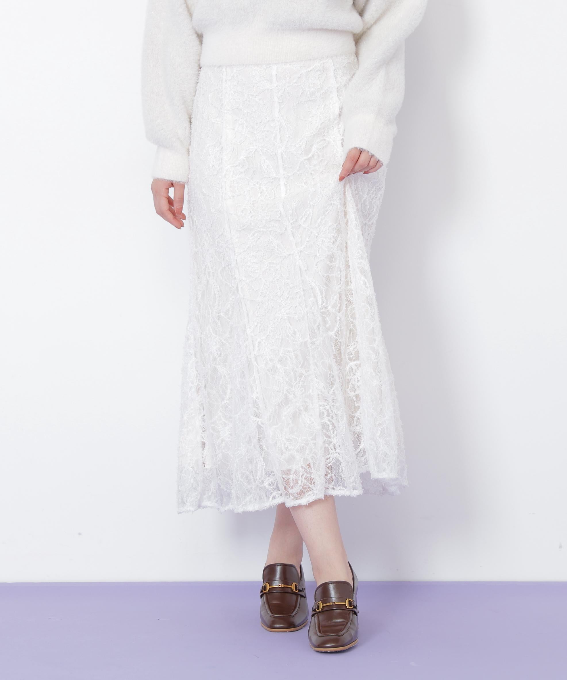 モール刺繍レースマーメイドスカート ホワイト