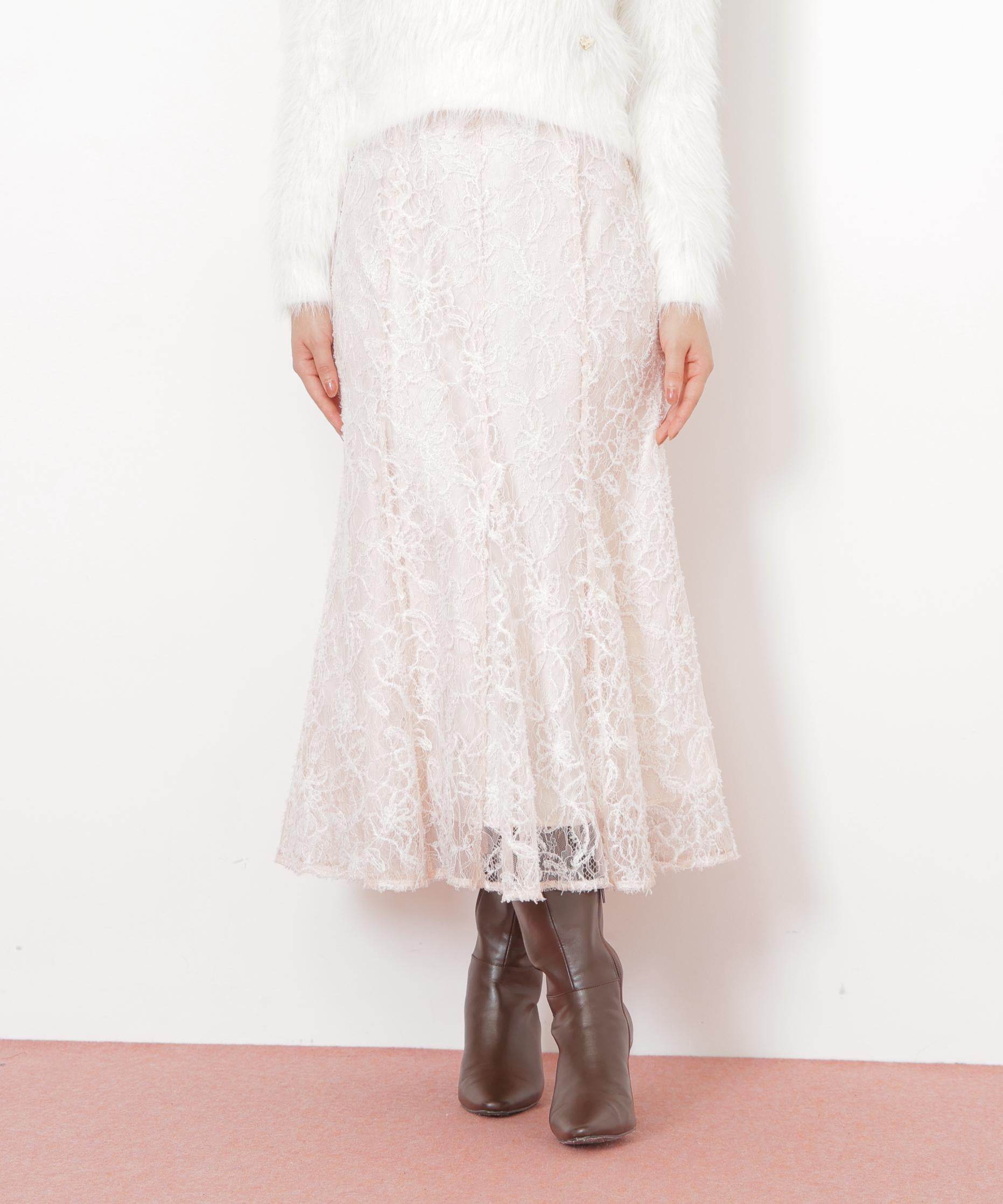 モール刺繍レースマーメイドスカート ピンク