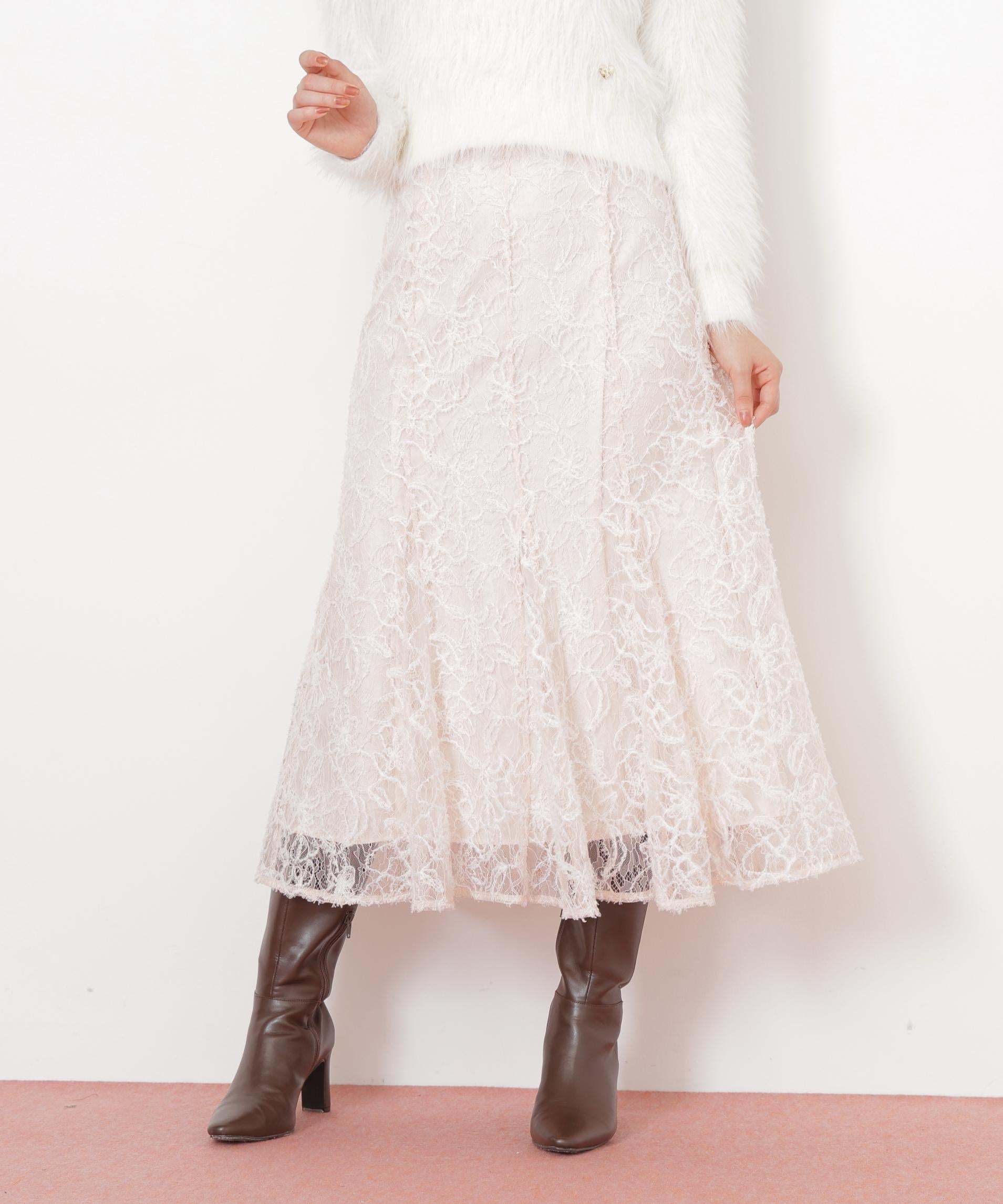 モール刺繍レースマーメイドスカート ピンク