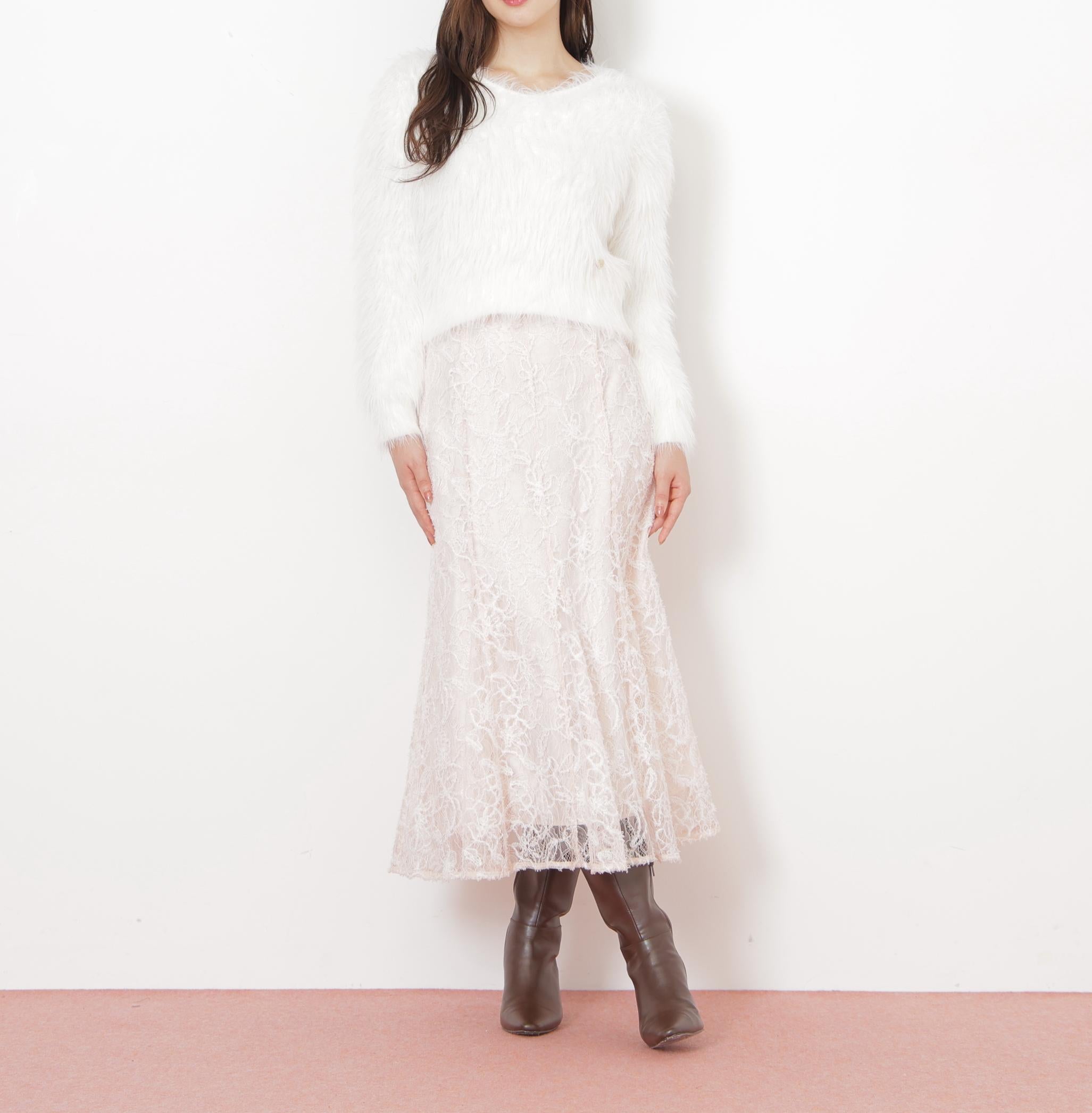 モール刺繍レースマーメイドスカート ピンク