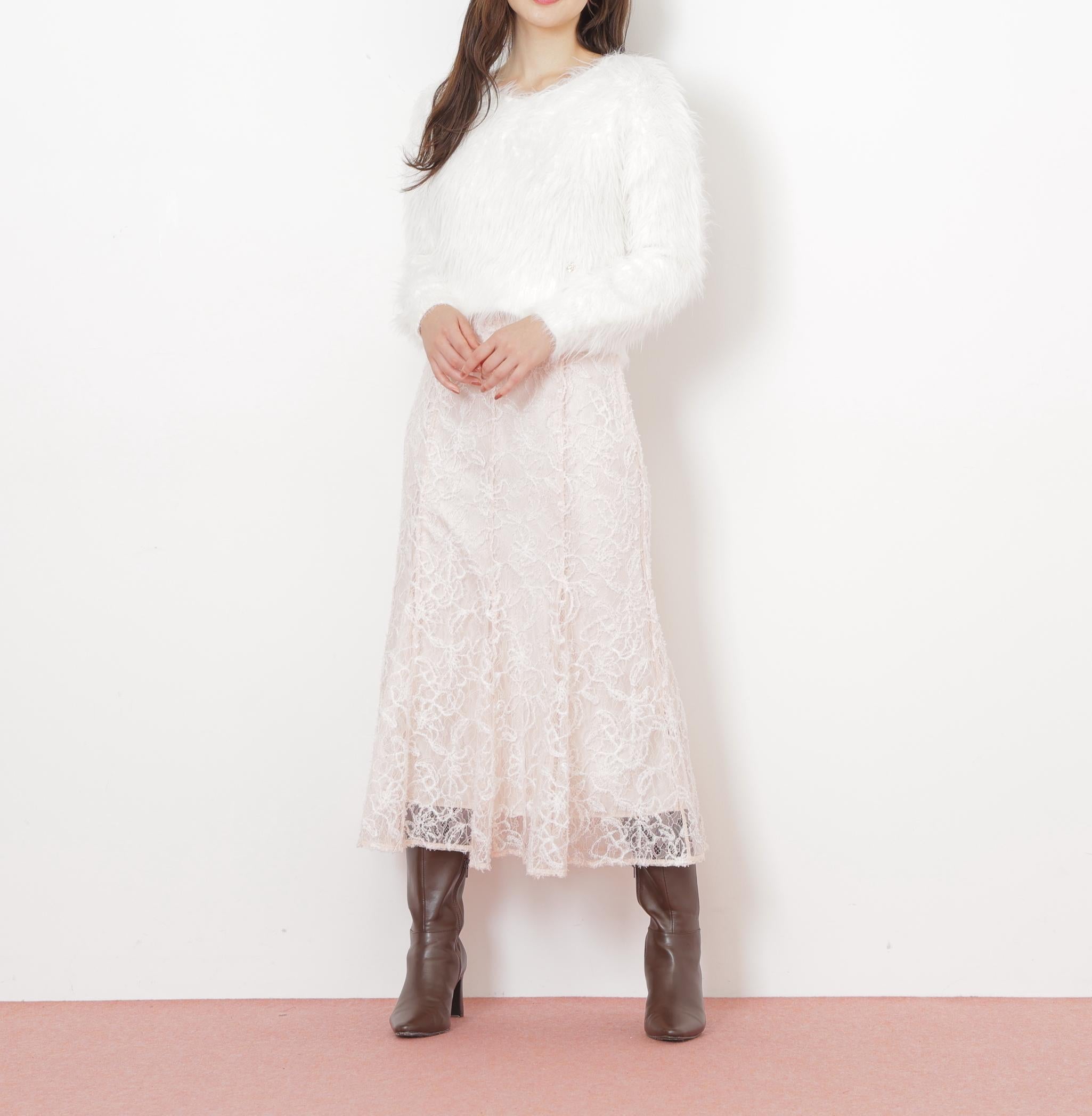 モール刺繍レースマーメイドスカート ピンク