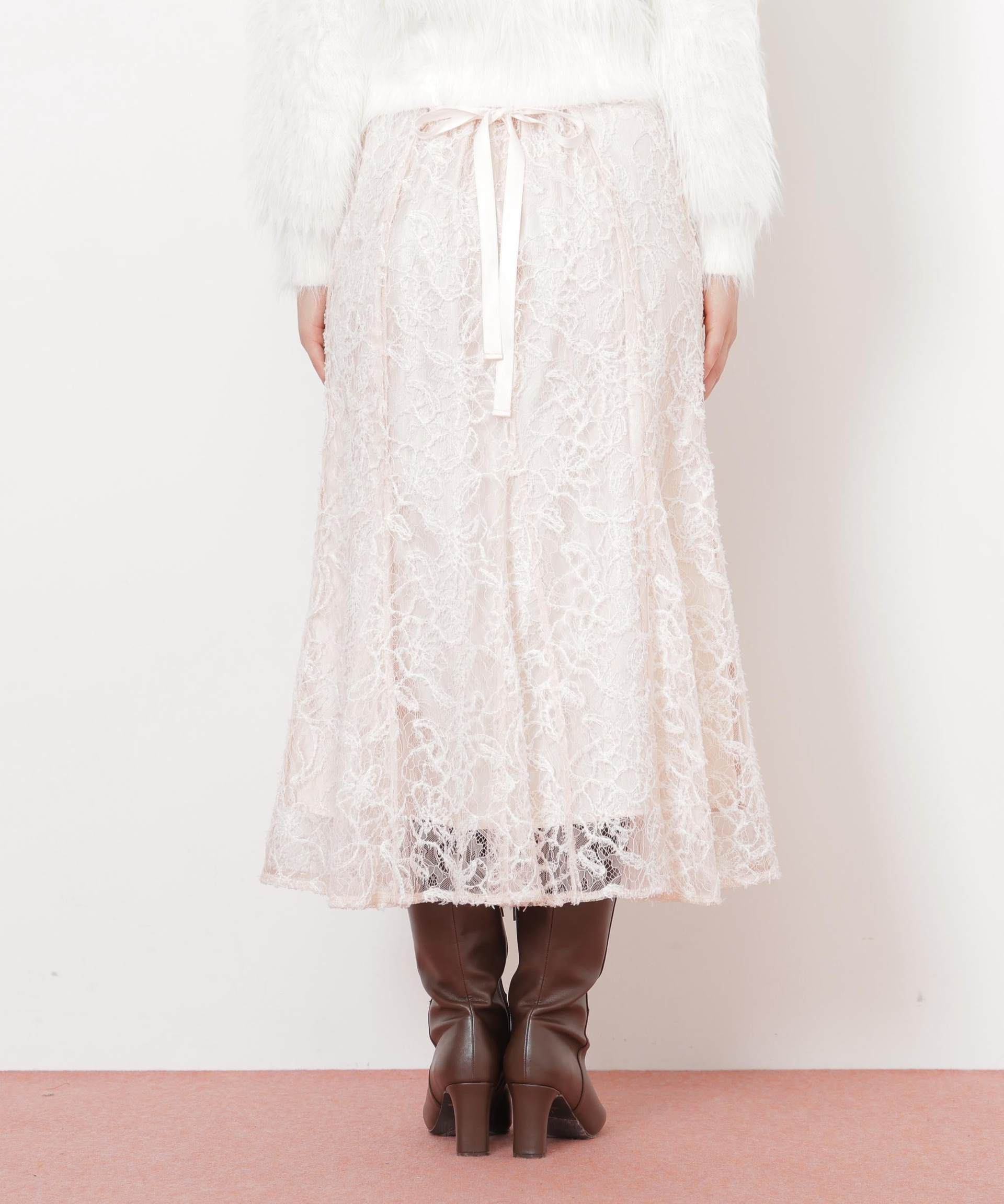 モール刺繍レースマーメイドスカート ピンク