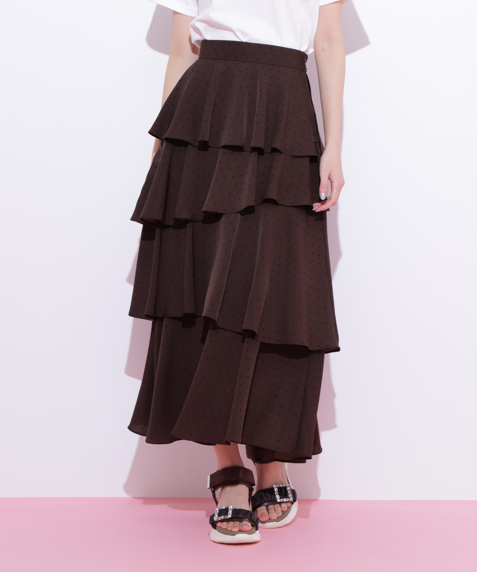 アシメティアードロングスカート ブラウンドット1