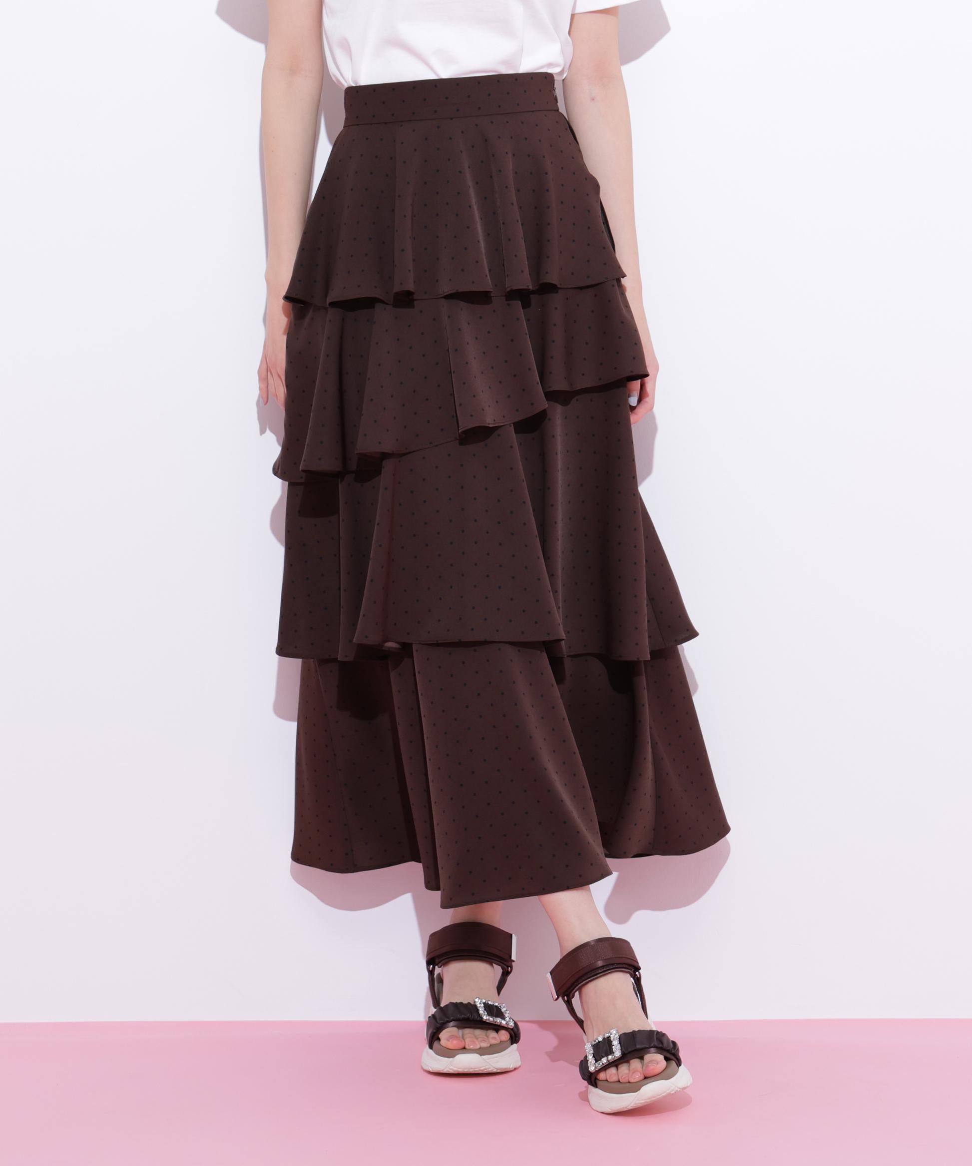 アシメティアードロングスカート ブラウンドット1