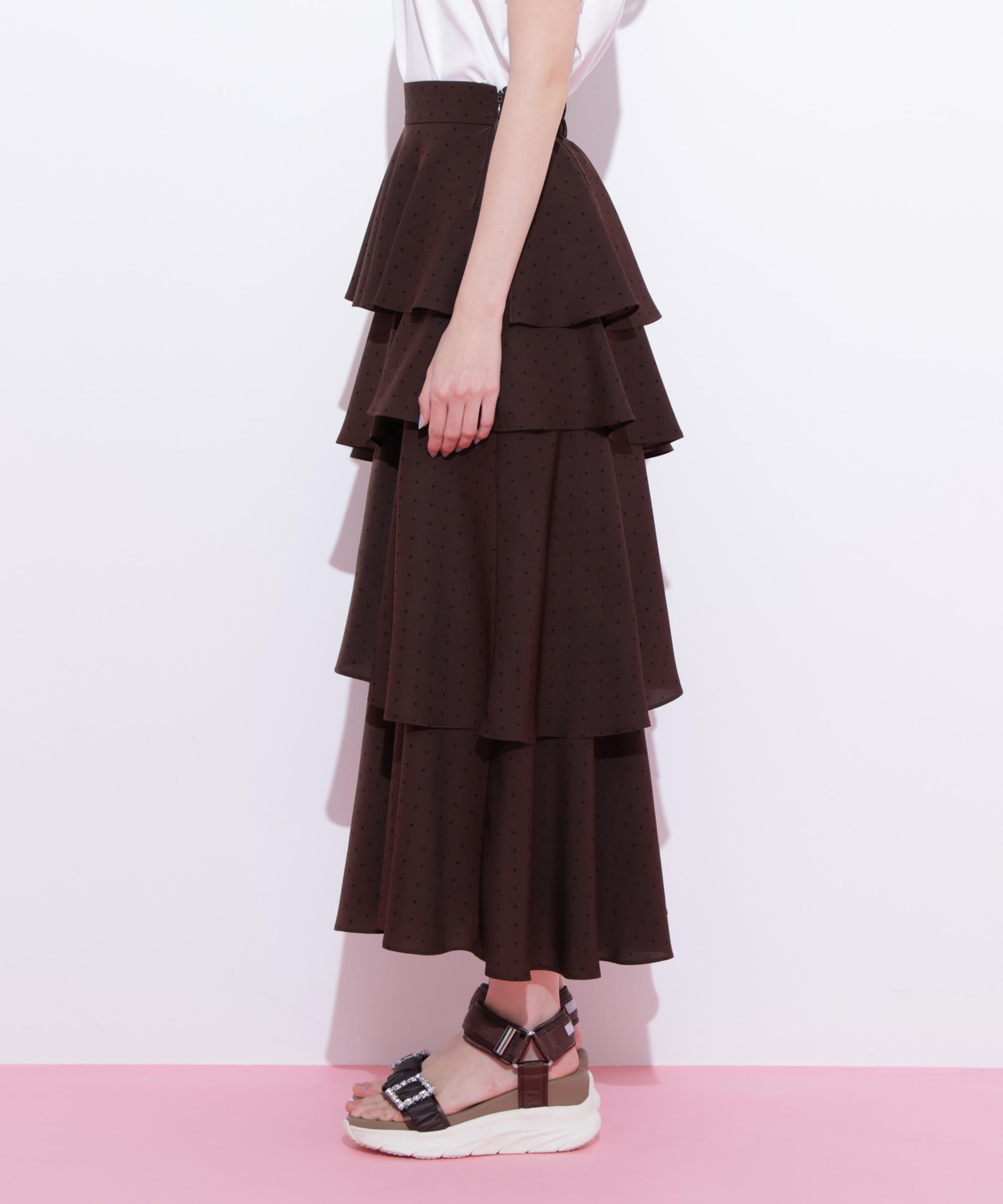 アシメティアードロングスカート ブラウンドット1