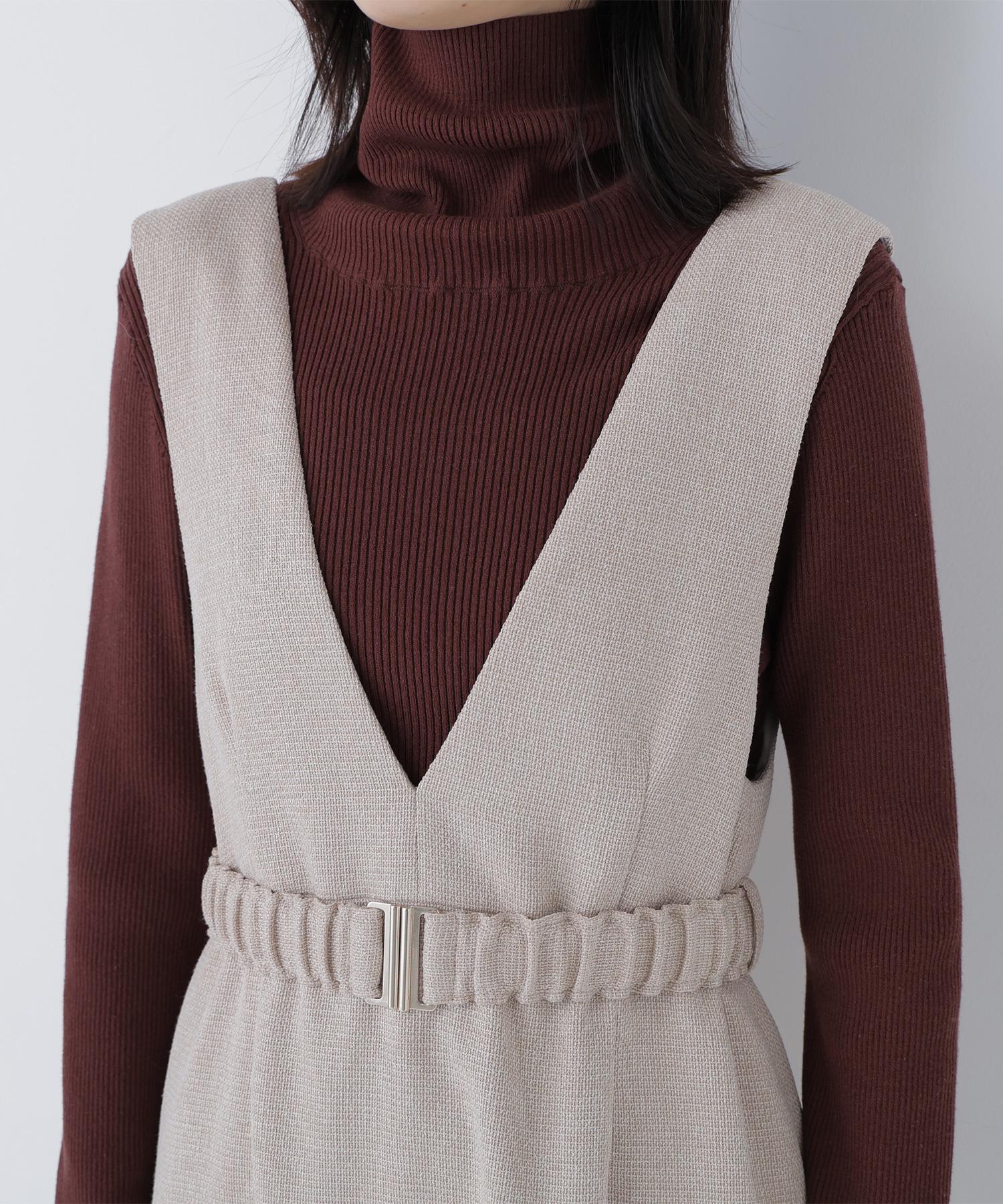 ベルト付Vネックジャンスカ ベージュベース2