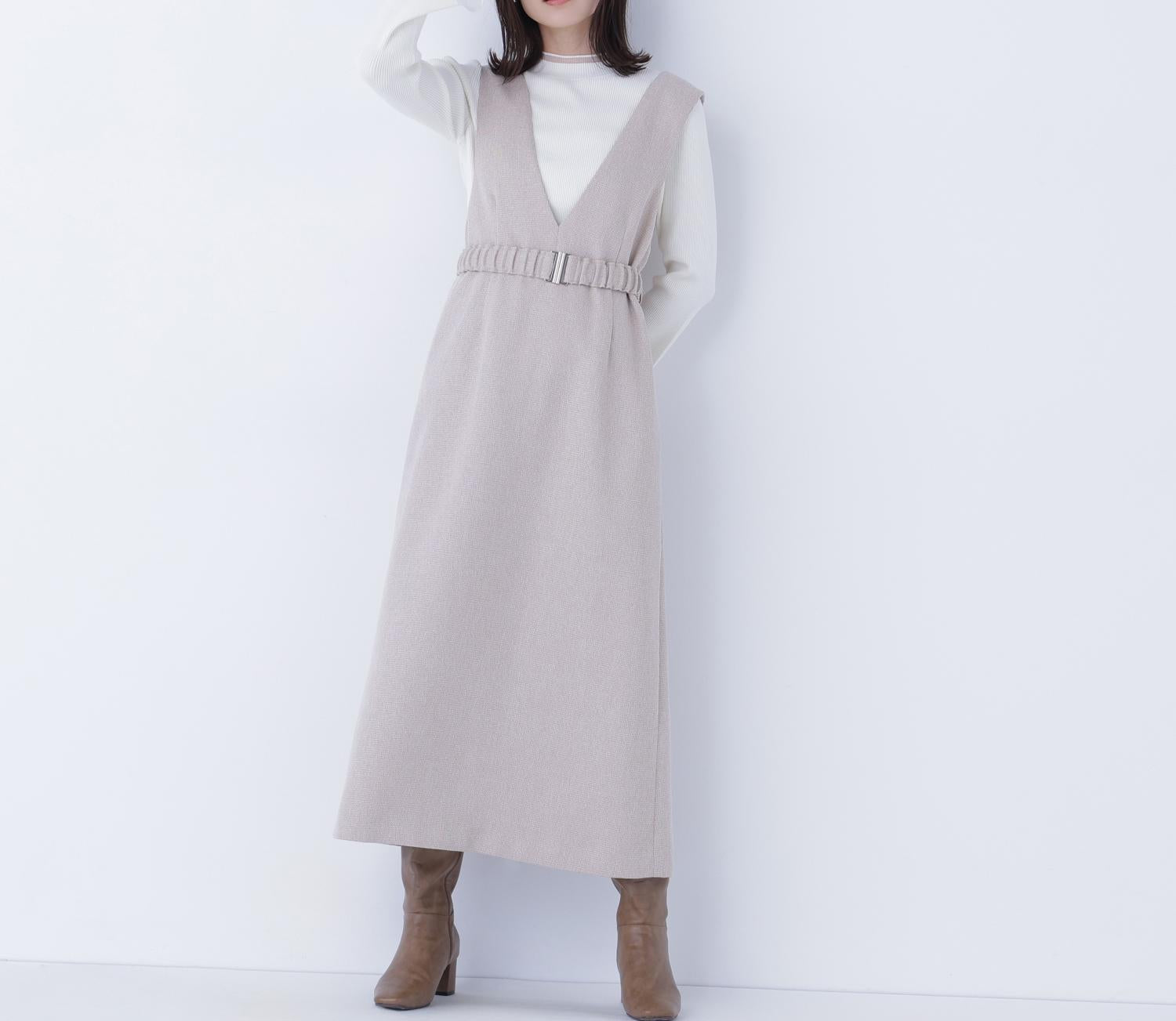ベルト付Vネックジャンスカ ベージュベース2