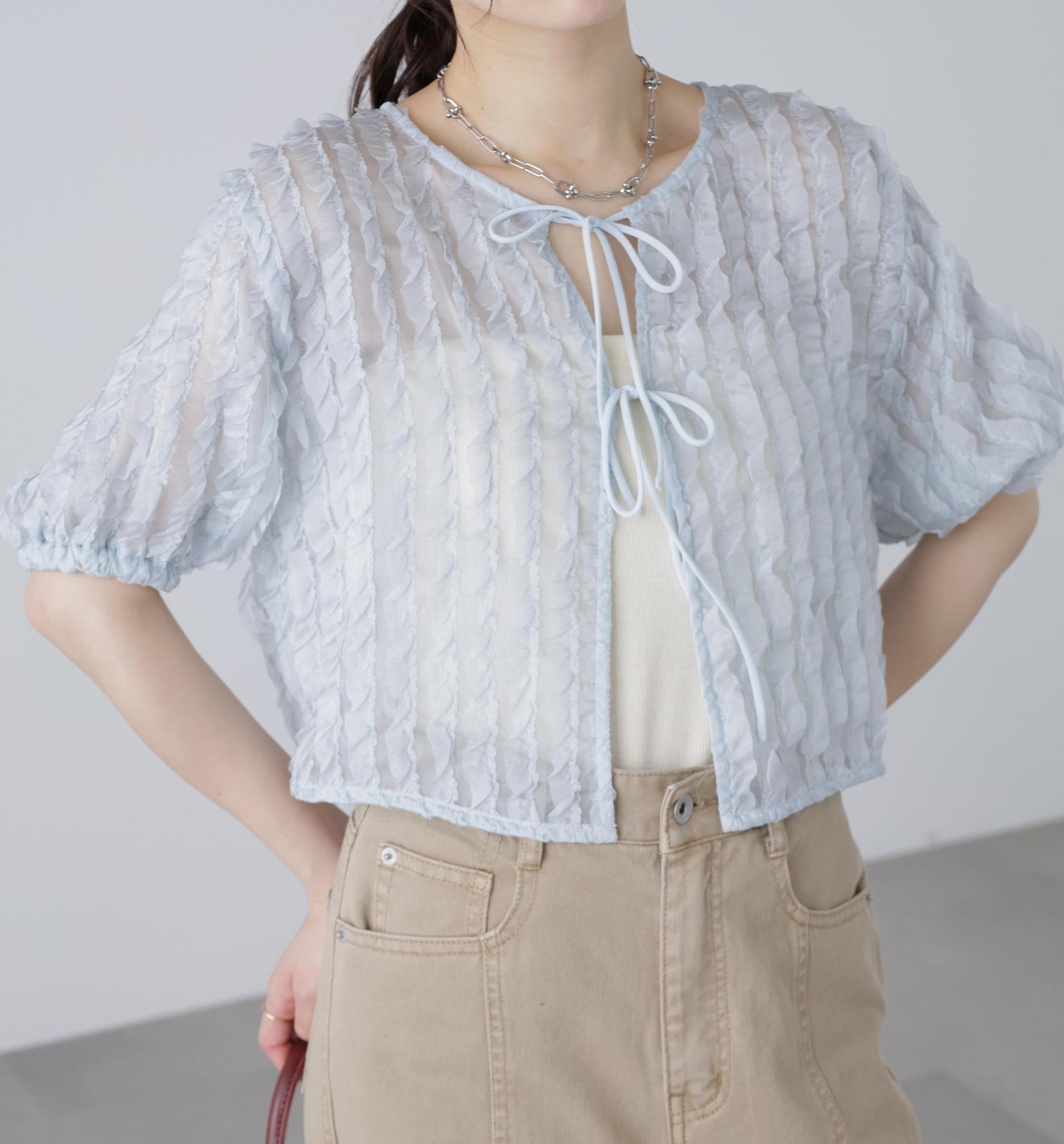 シアーフリルフロントリボンブラウス ブルー