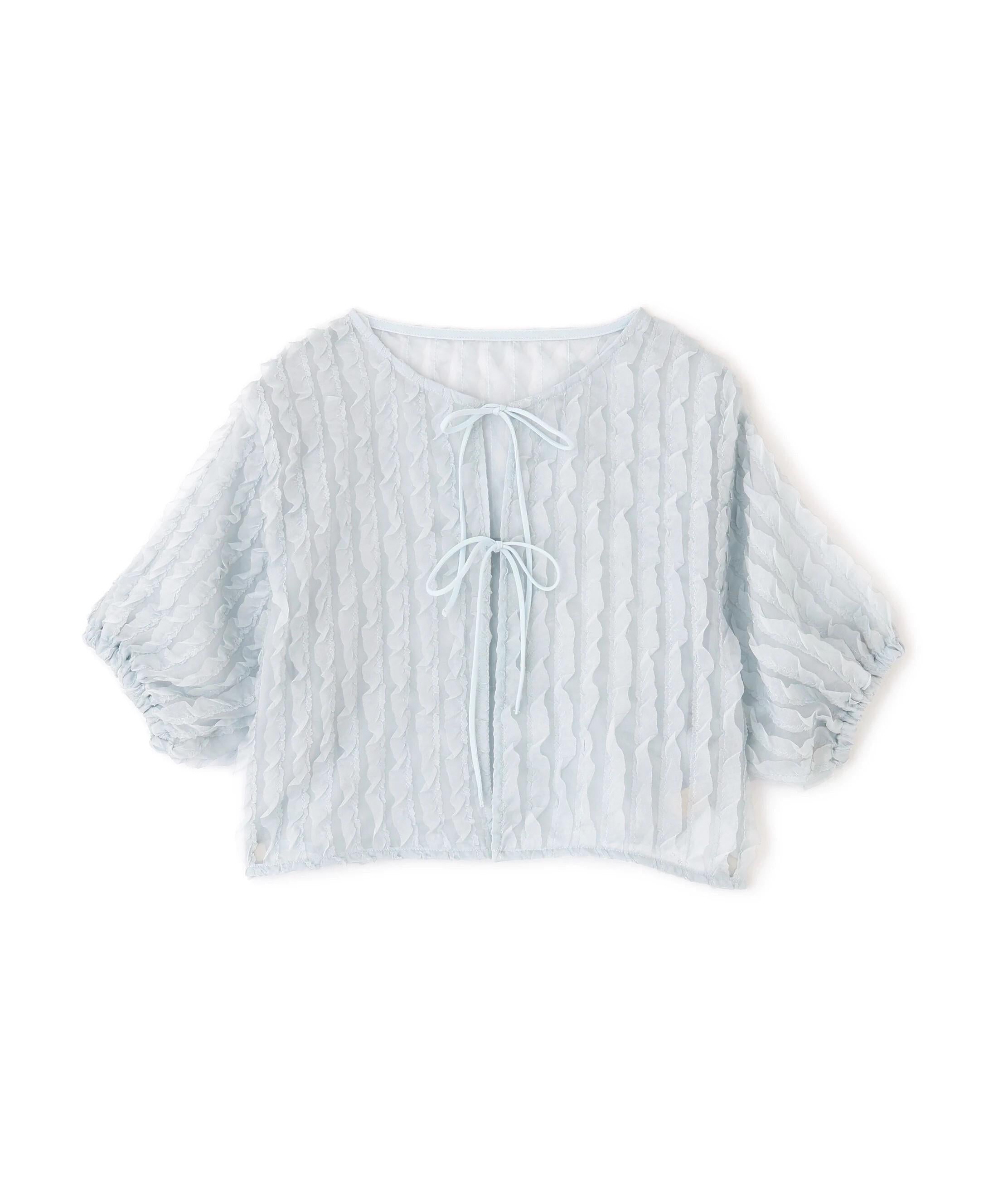 シアーフリルフロントリボンブラウス ブルー