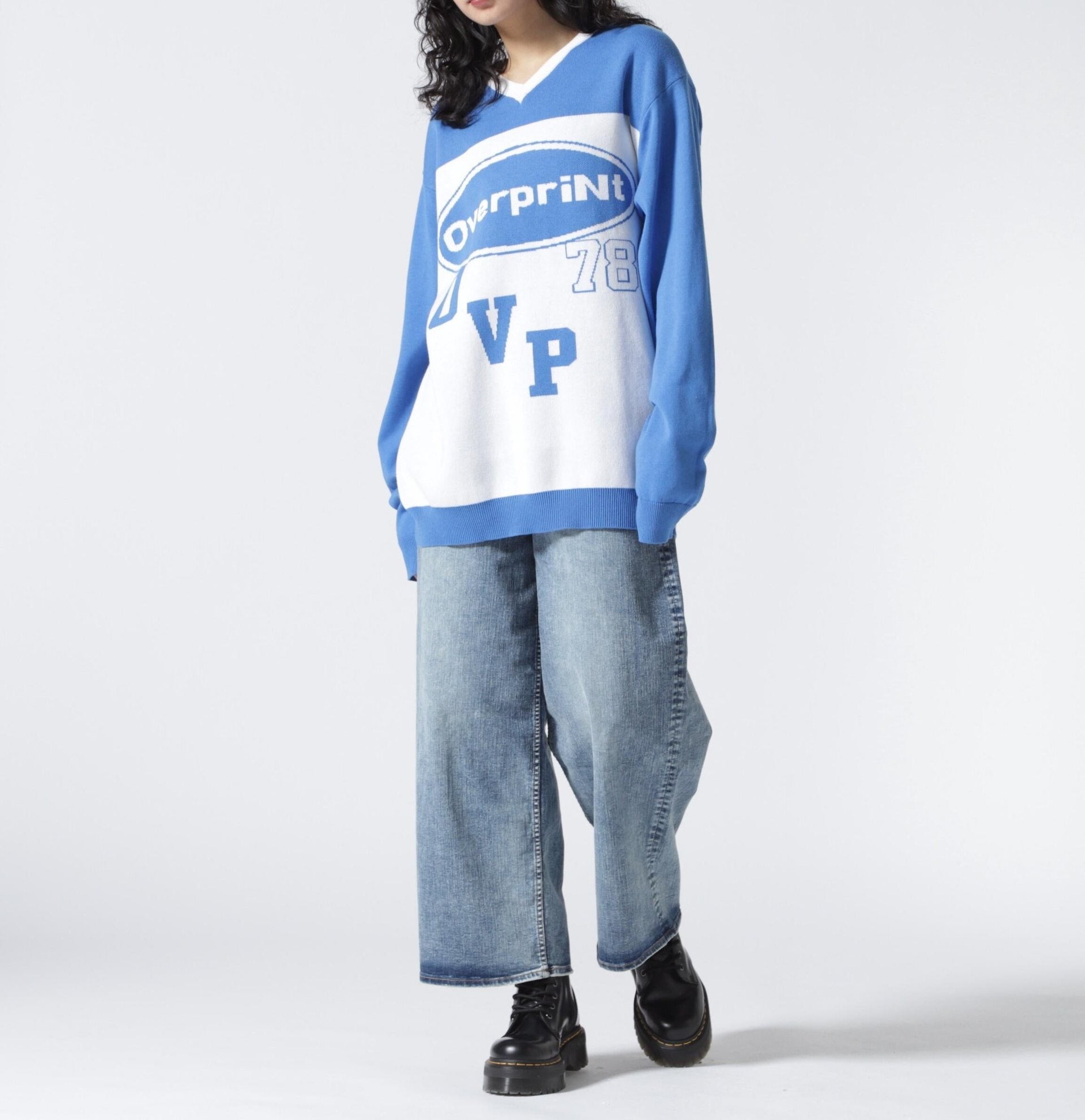 ovepint/オーバープリント/OVAL V NECK COTTON KNIT ブルー