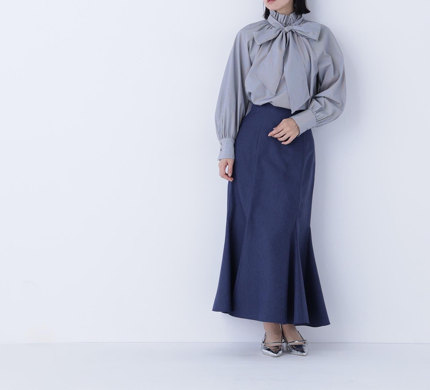 ハイネックリボンボウブラウス チャコールストライプ2