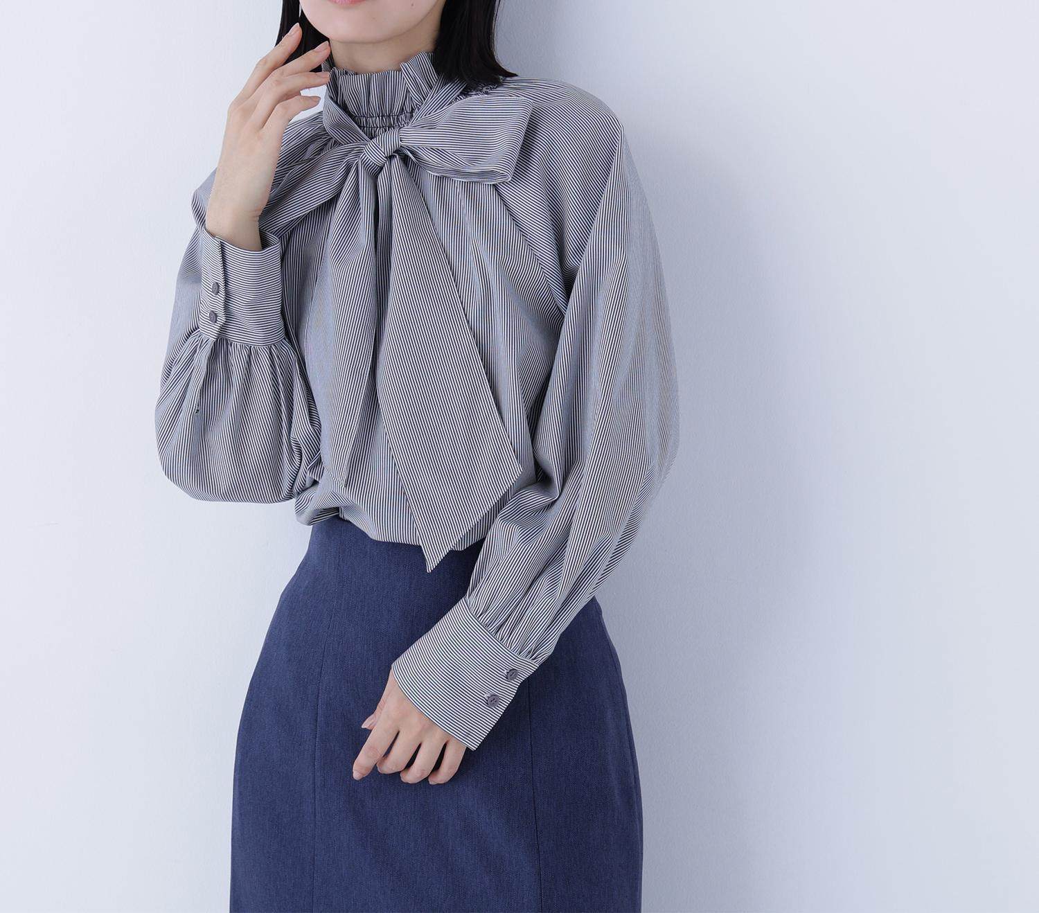 ハイネックリボンボウブラウス チャコールストライプ2