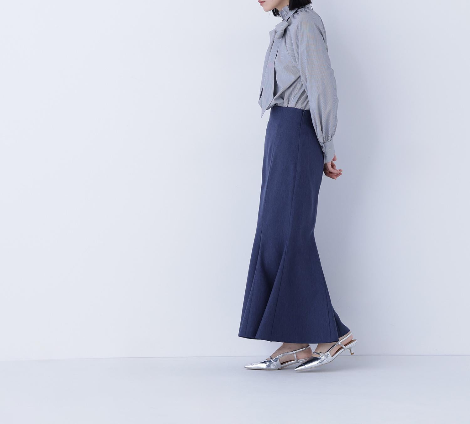 ハイネックリボンボウブラウス チャコールストライプ2