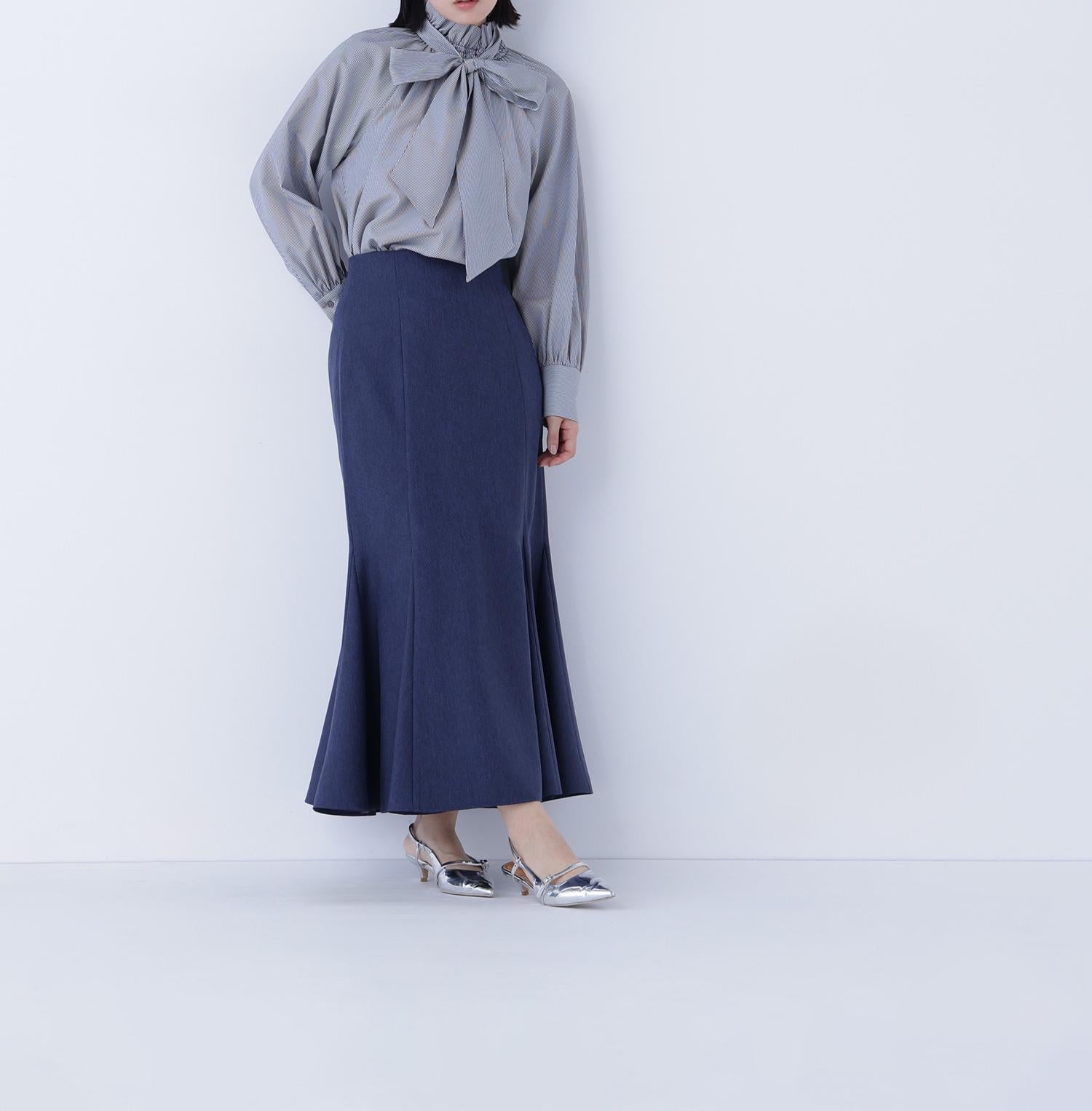 ハイネックリボンボウブラウス チャコールストライプ2