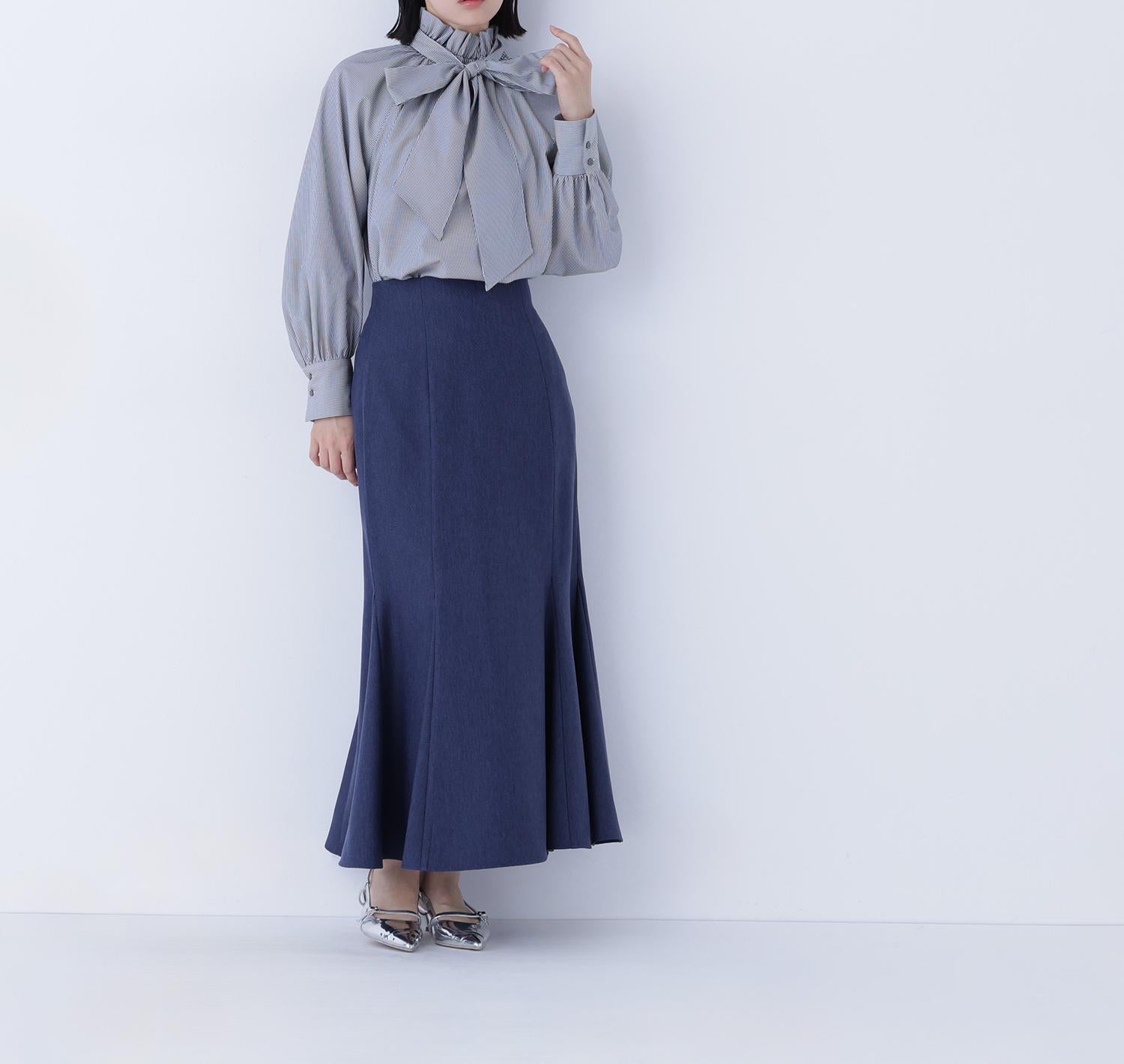 ハイネックリボンボウブラウス チャコールストライプ2