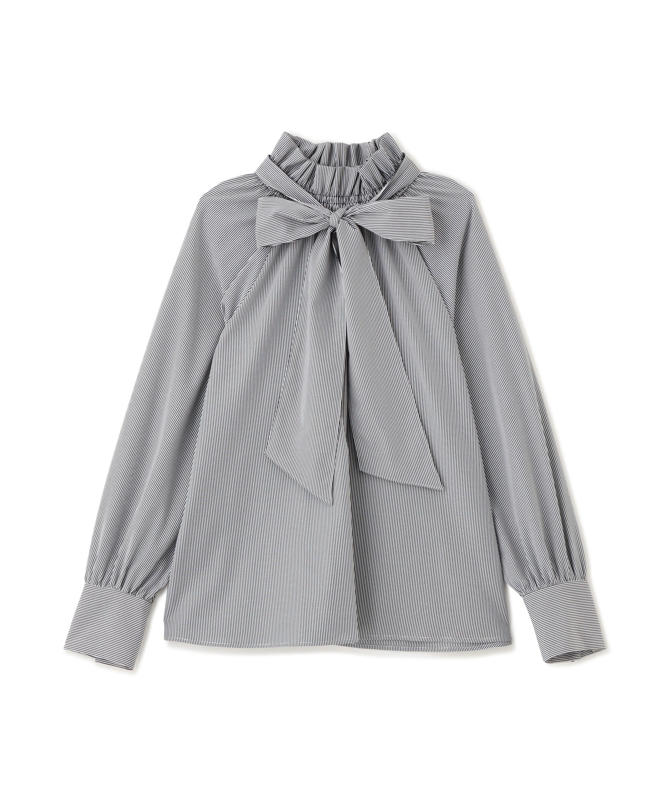 ハイネックリボンボウブラウス チャコールストライプ2