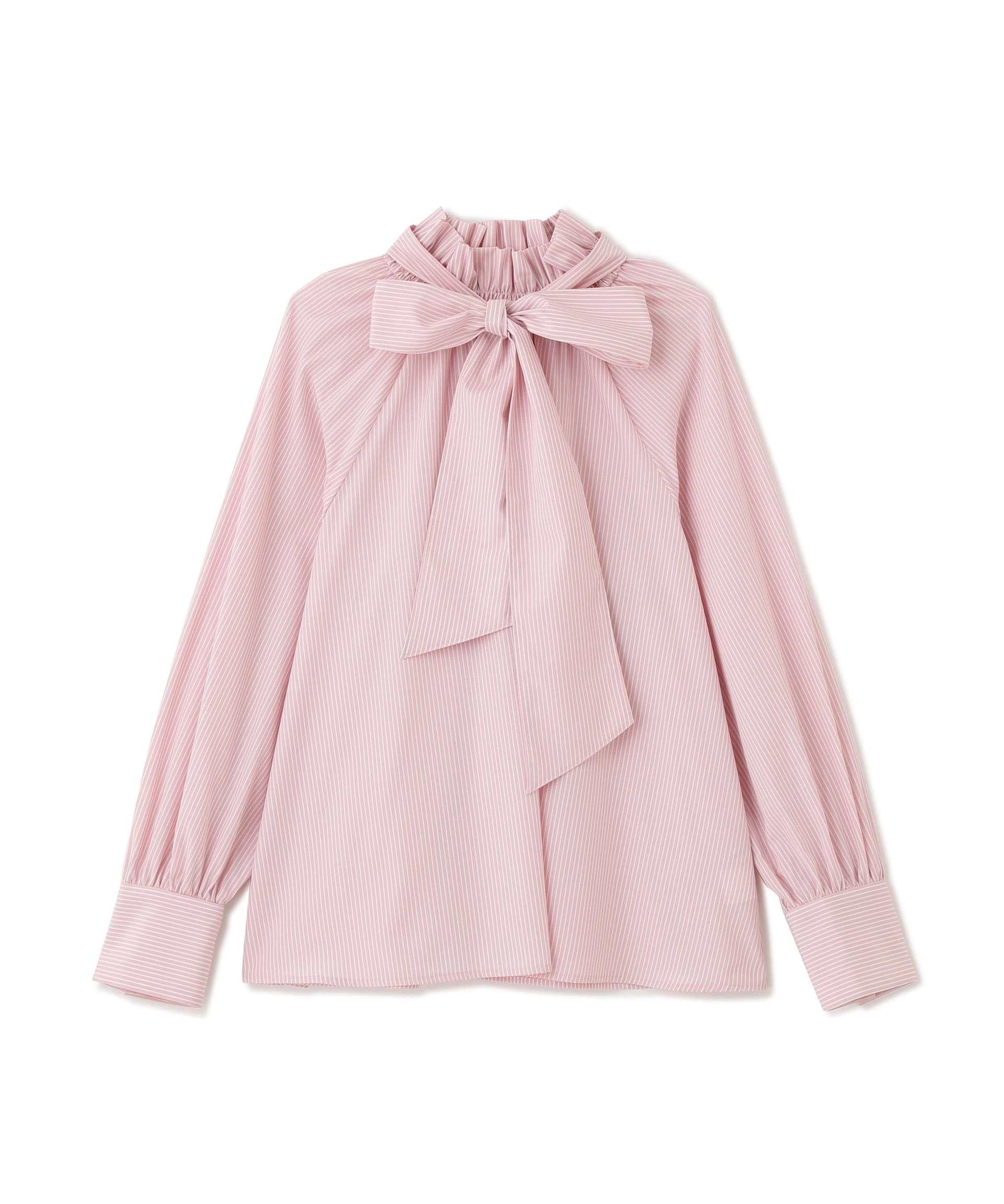 ハイネックリボンボウブラウス ピンクストライプ2