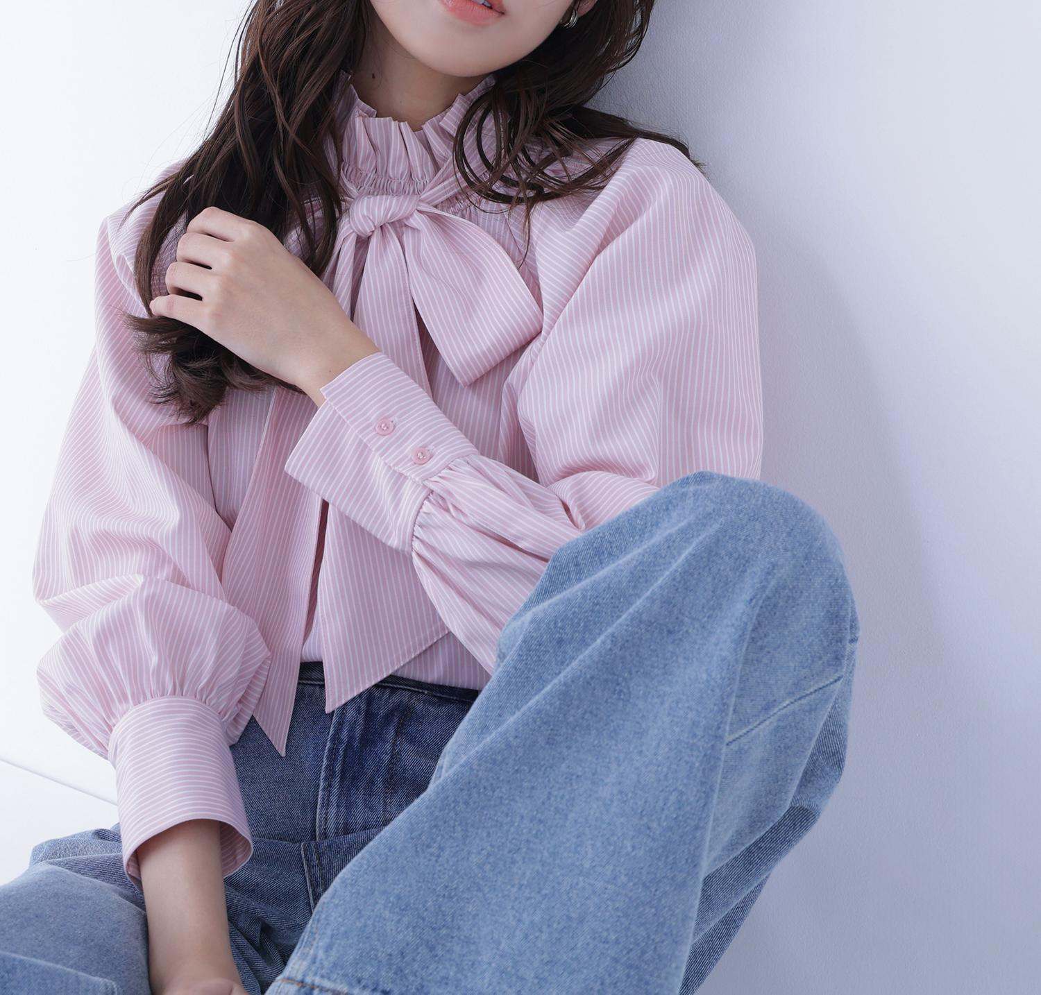 ハイネックリボンボウブラウス ピンクストライプ2