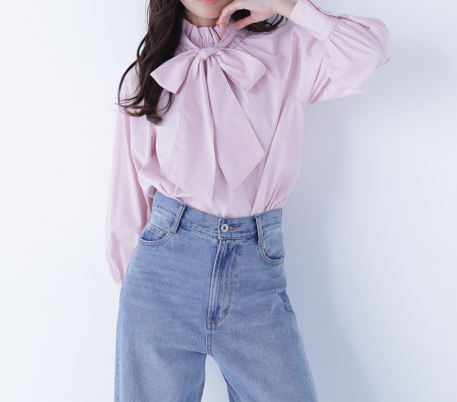 ハイネックリボンボウブラウス ピンクストライプ2