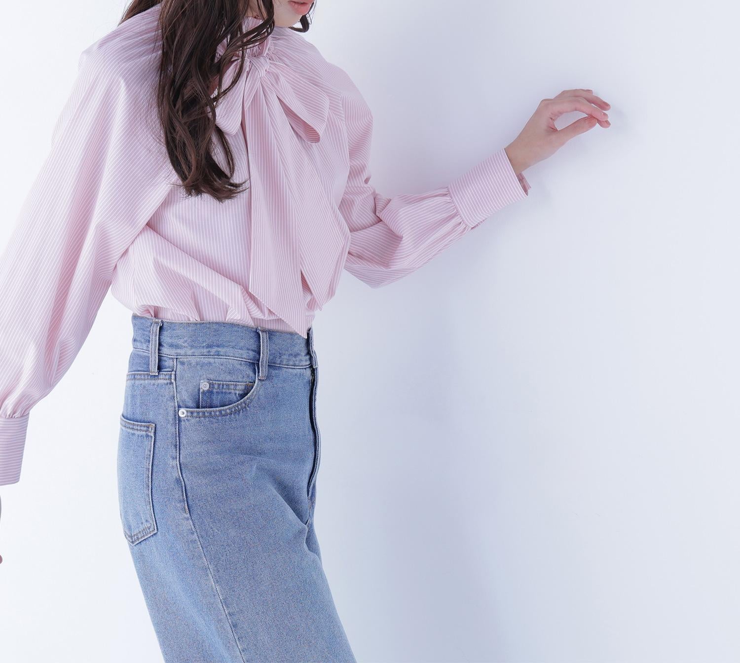 ハイネックリボンボウブラウス ピンクストライプ2