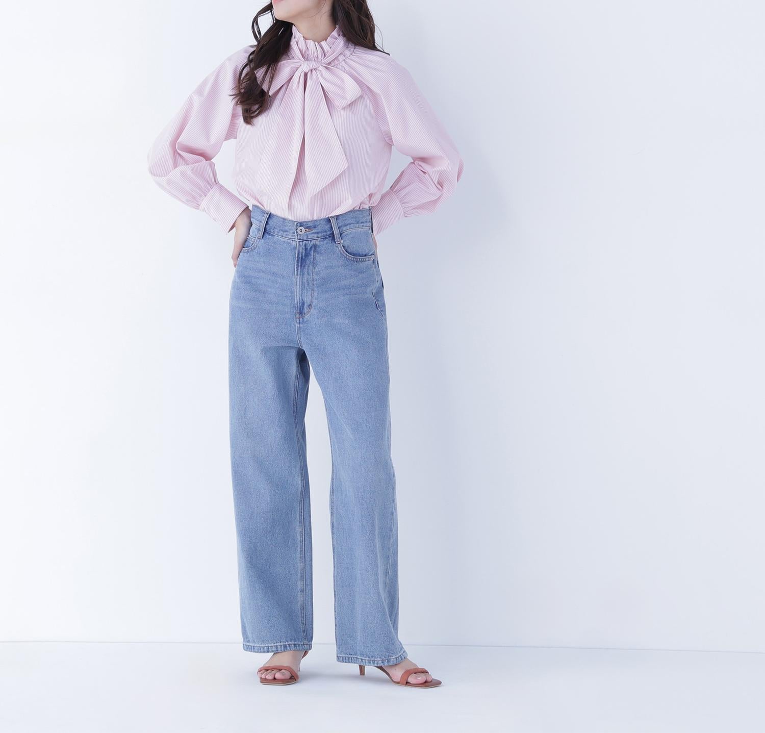 ハイネックリボンボウブラウス ピンクストライプ2