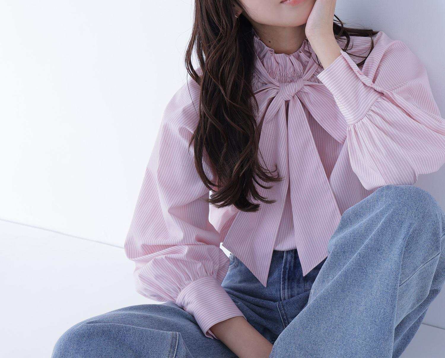 ハイネックリボンボウブラウス ピンクストライプ2