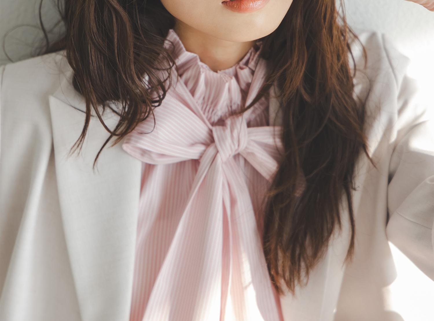 ハイネックリボンボウブラウス ピンクストライプ2