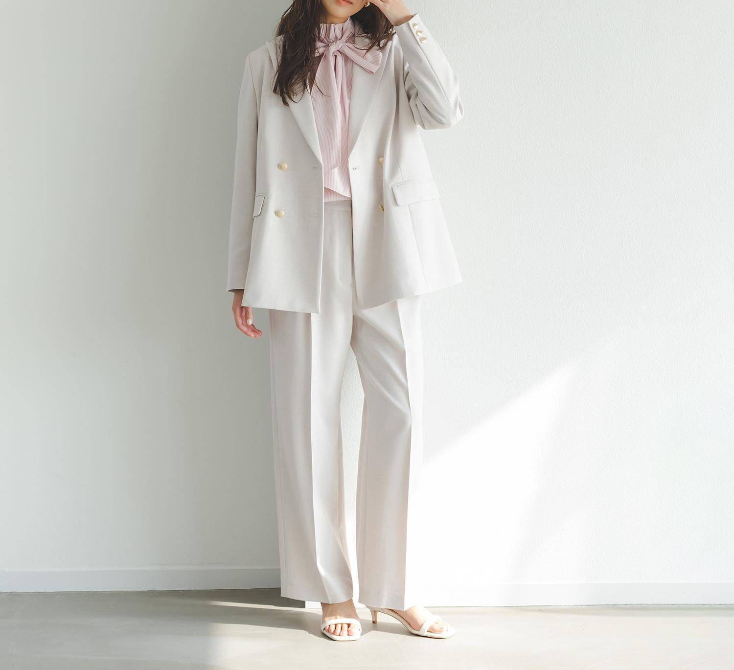 ハイネックリボンボウブラウス ピンクストライプ2