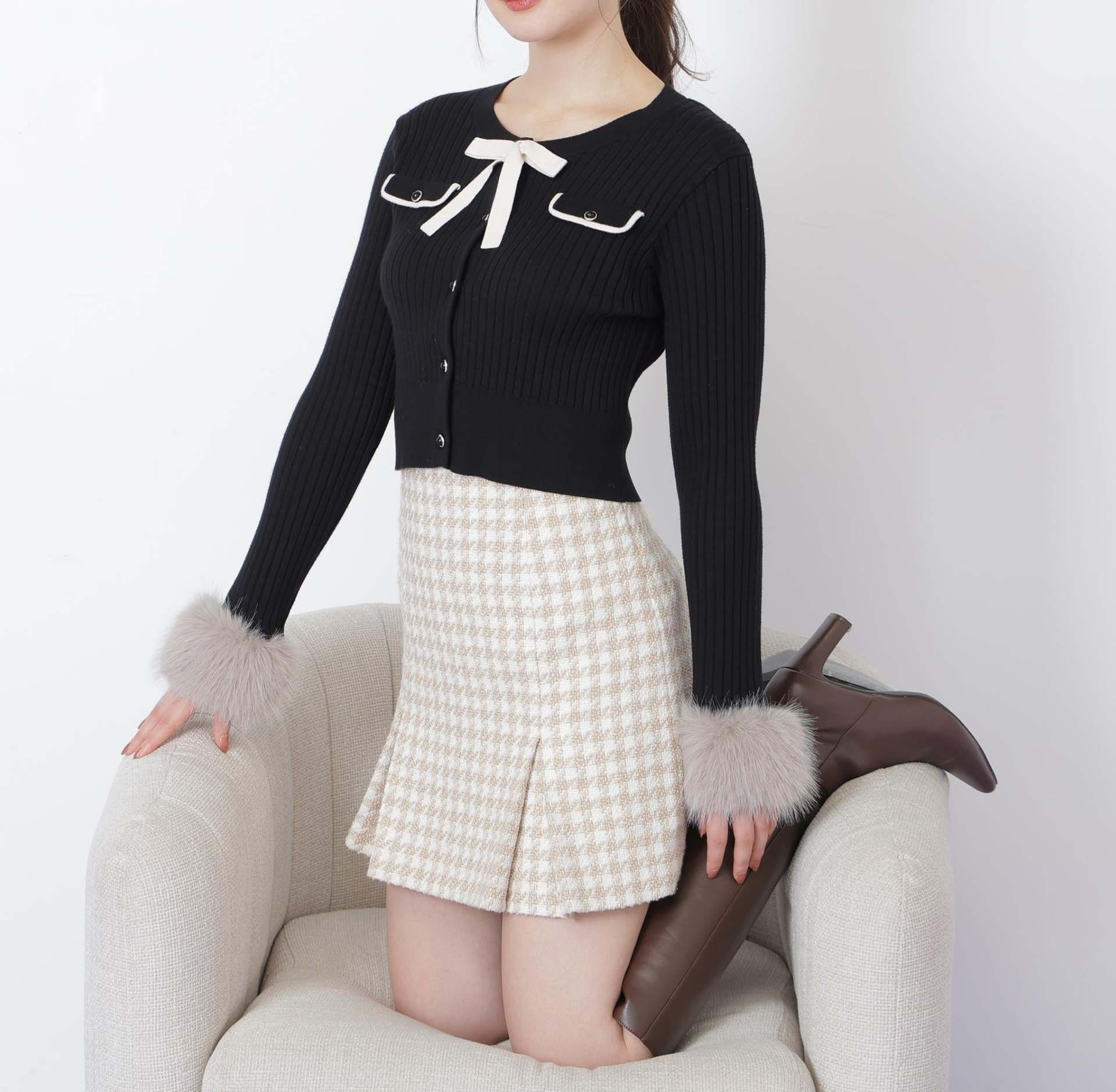 千鳥ツイードタイトミニスカート ベージュ1