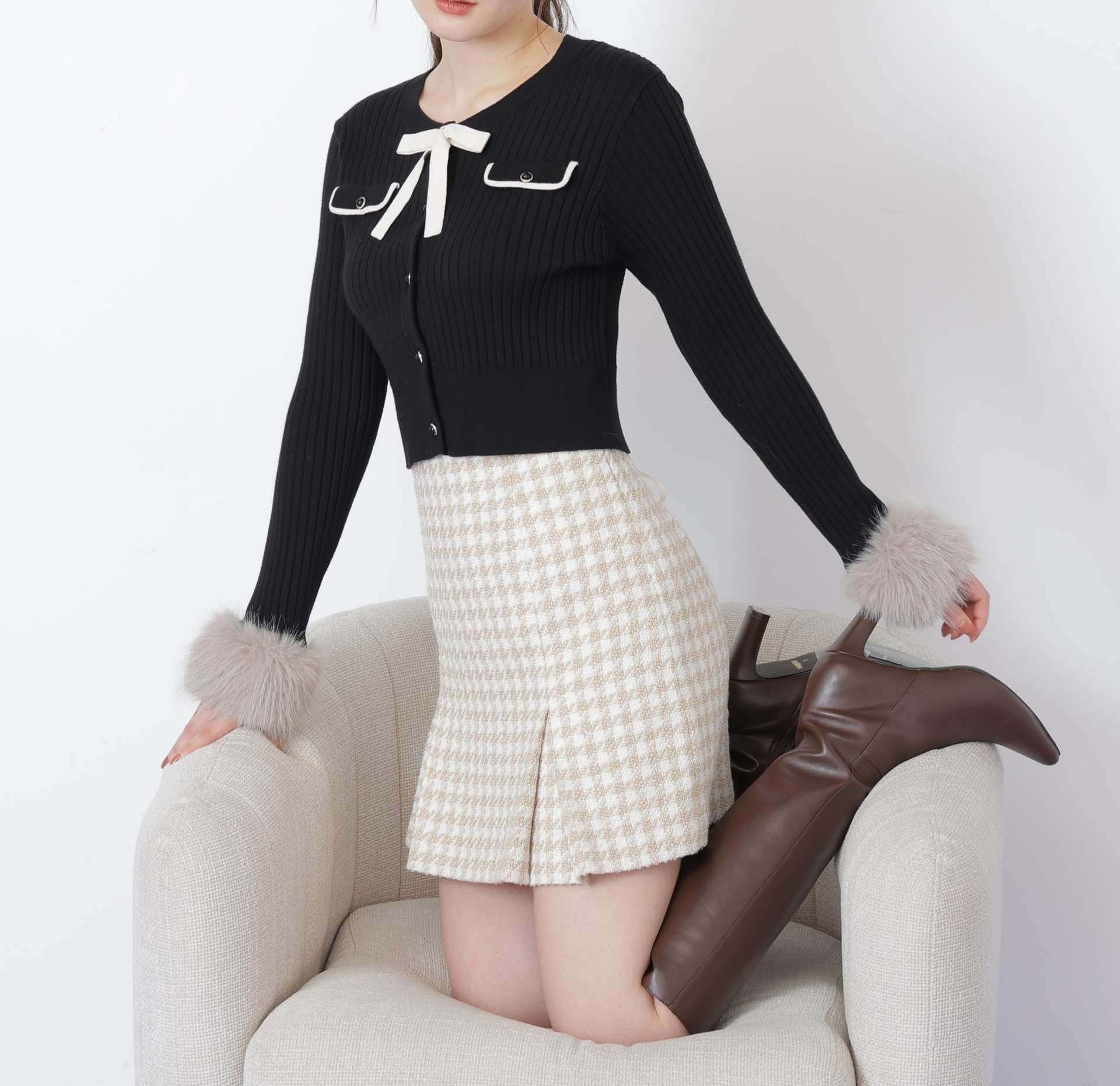 千鳥ツイードタイトミニスカート ベージュ1