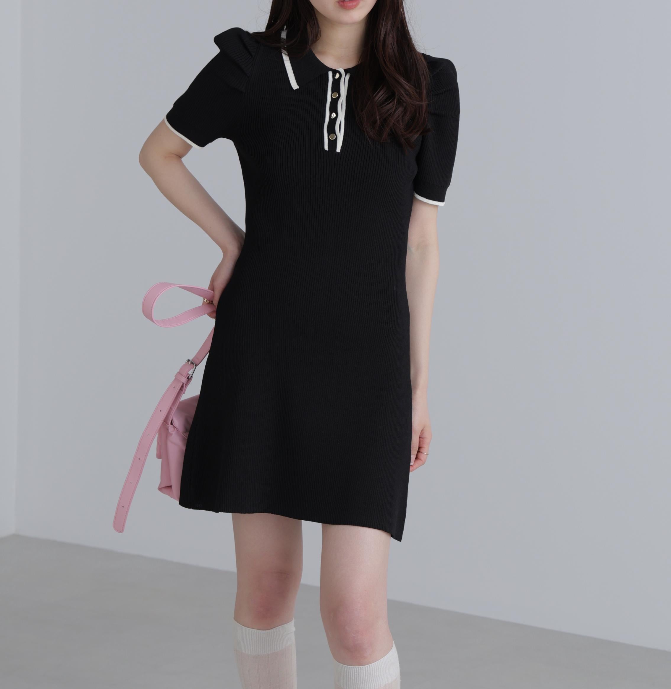 配色ラインポロニットワンピース ブラック