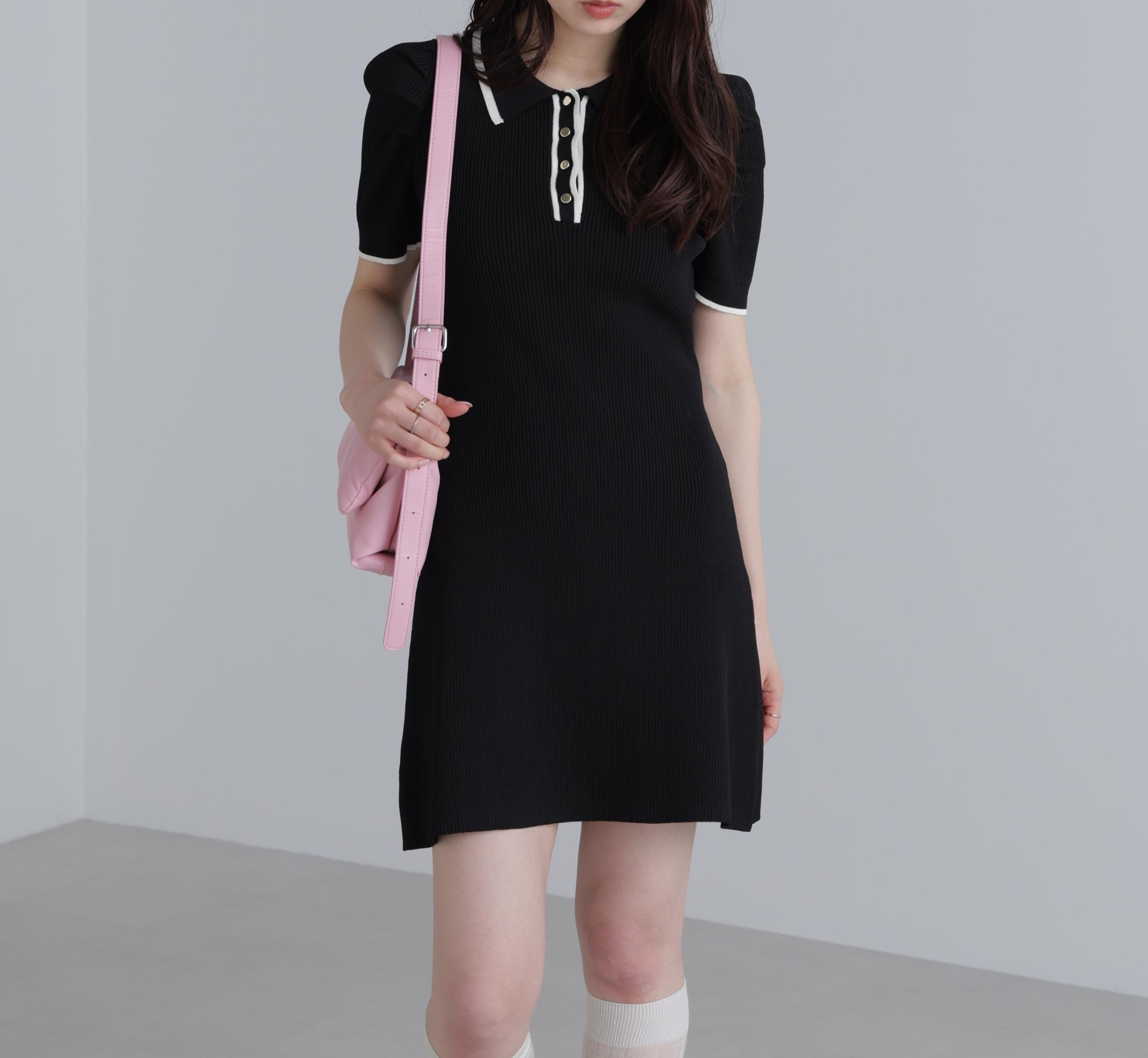 配色ラインポロニットワンピース ブラック