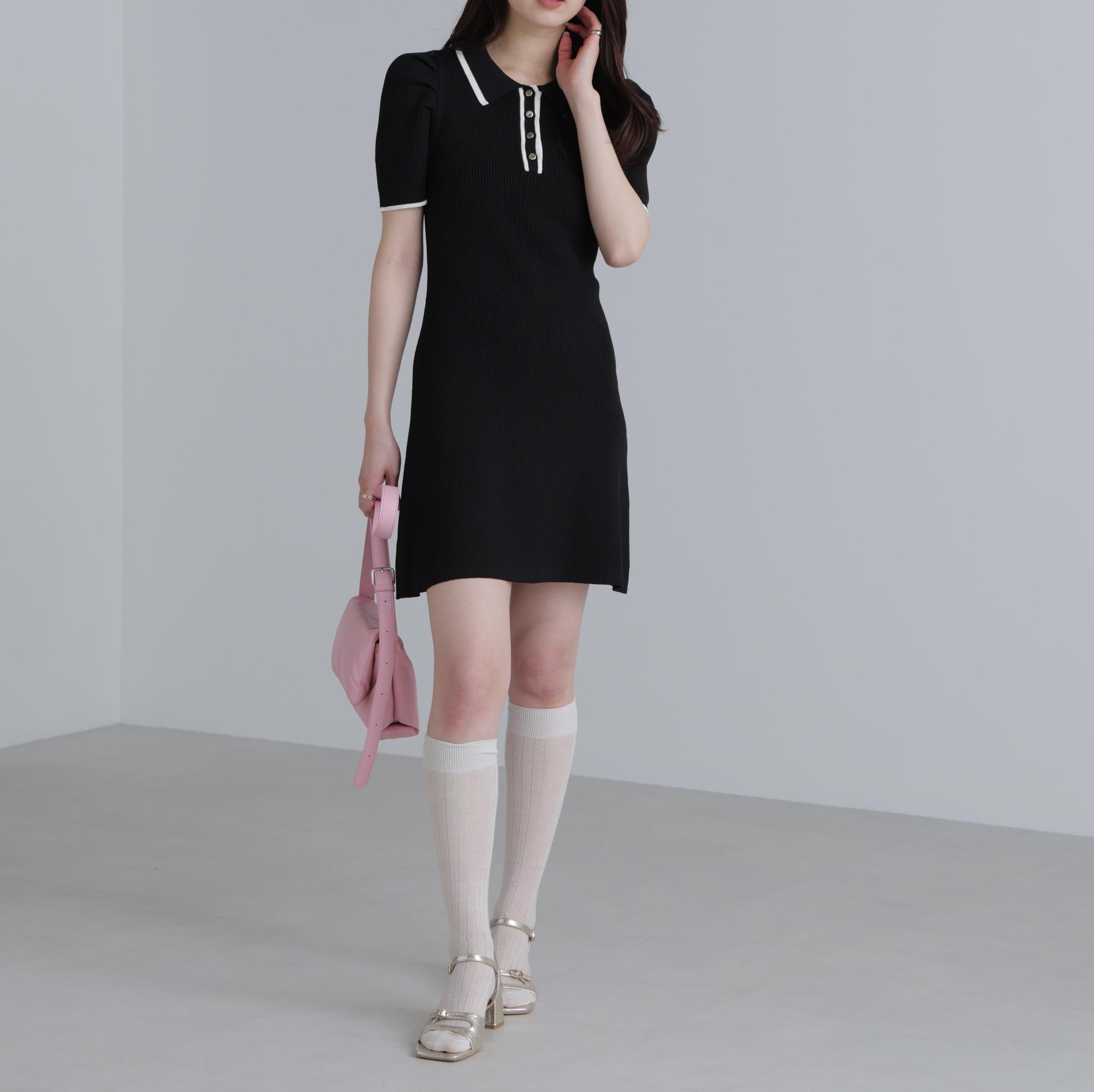 配色ラインポロニットワンピース ブラック