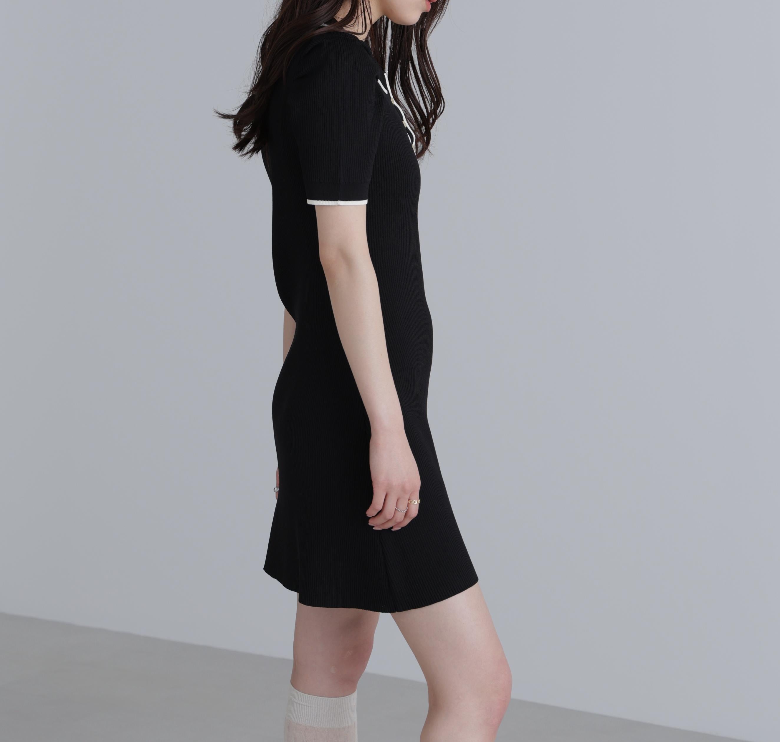 配色ラインポロニットワンピース ブラック