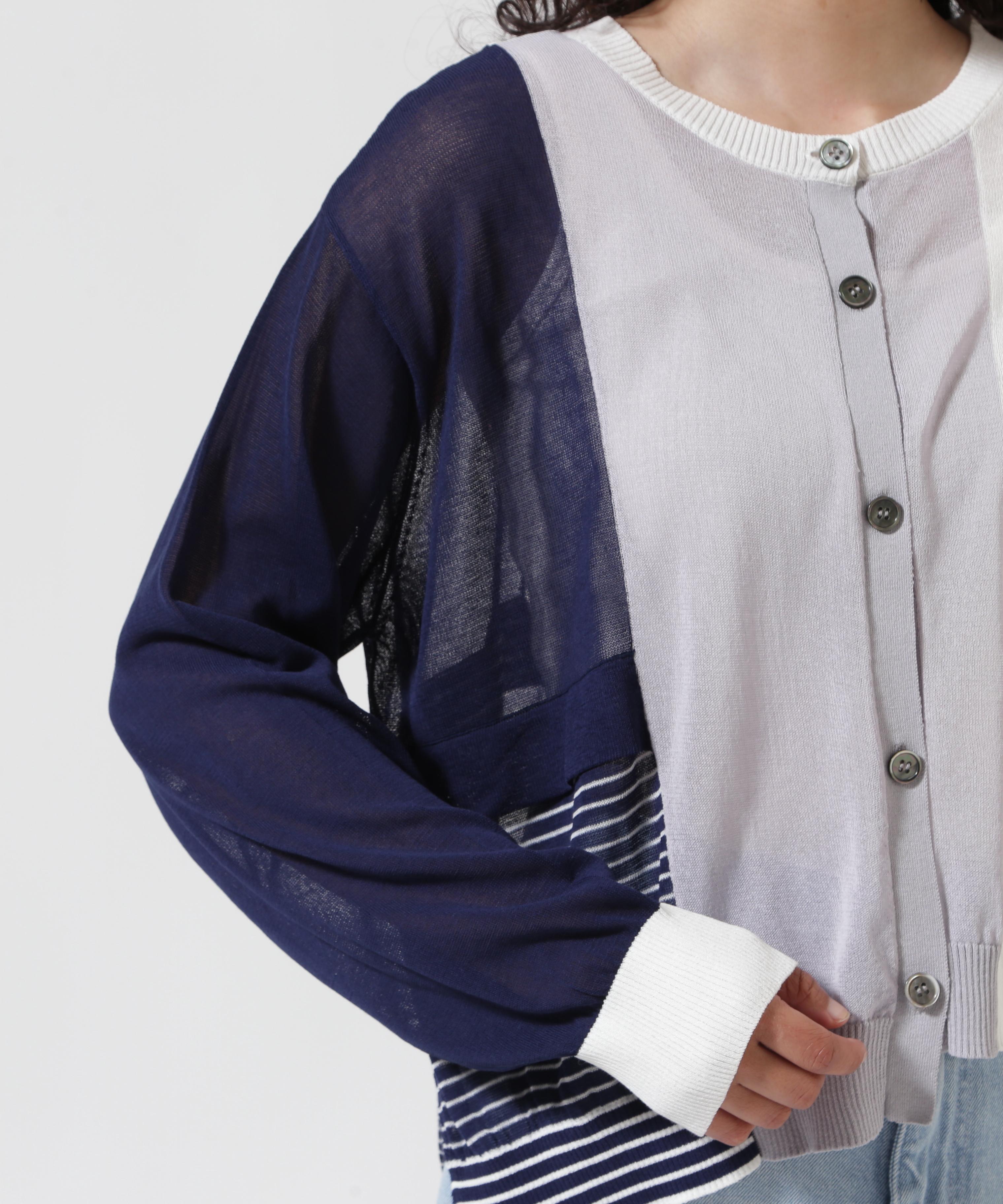 AULA AILA/アウラアイラ/別注 COLOR BLOCK SHEER KNIT CARDIGAN サックス1