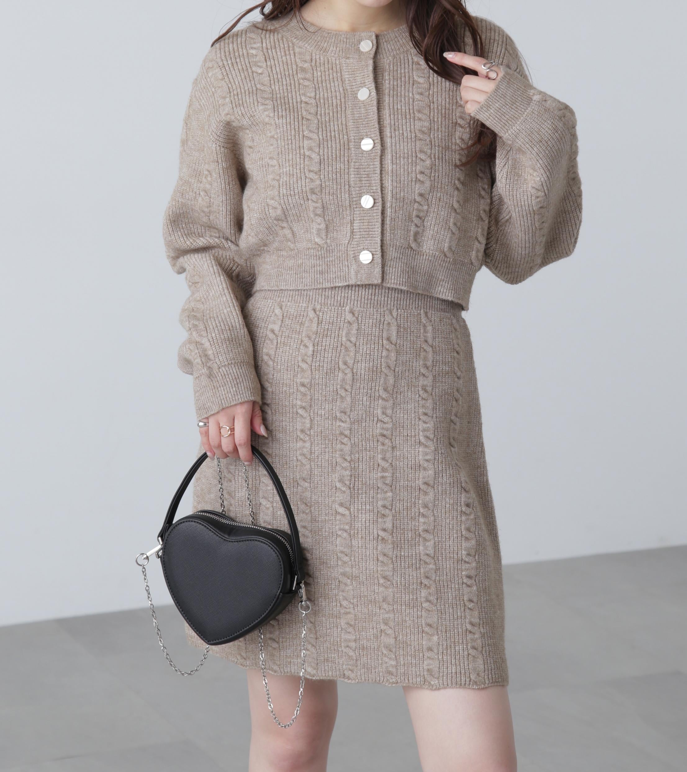 ケーブルニットカーデ×ワンピースセット ベージュ