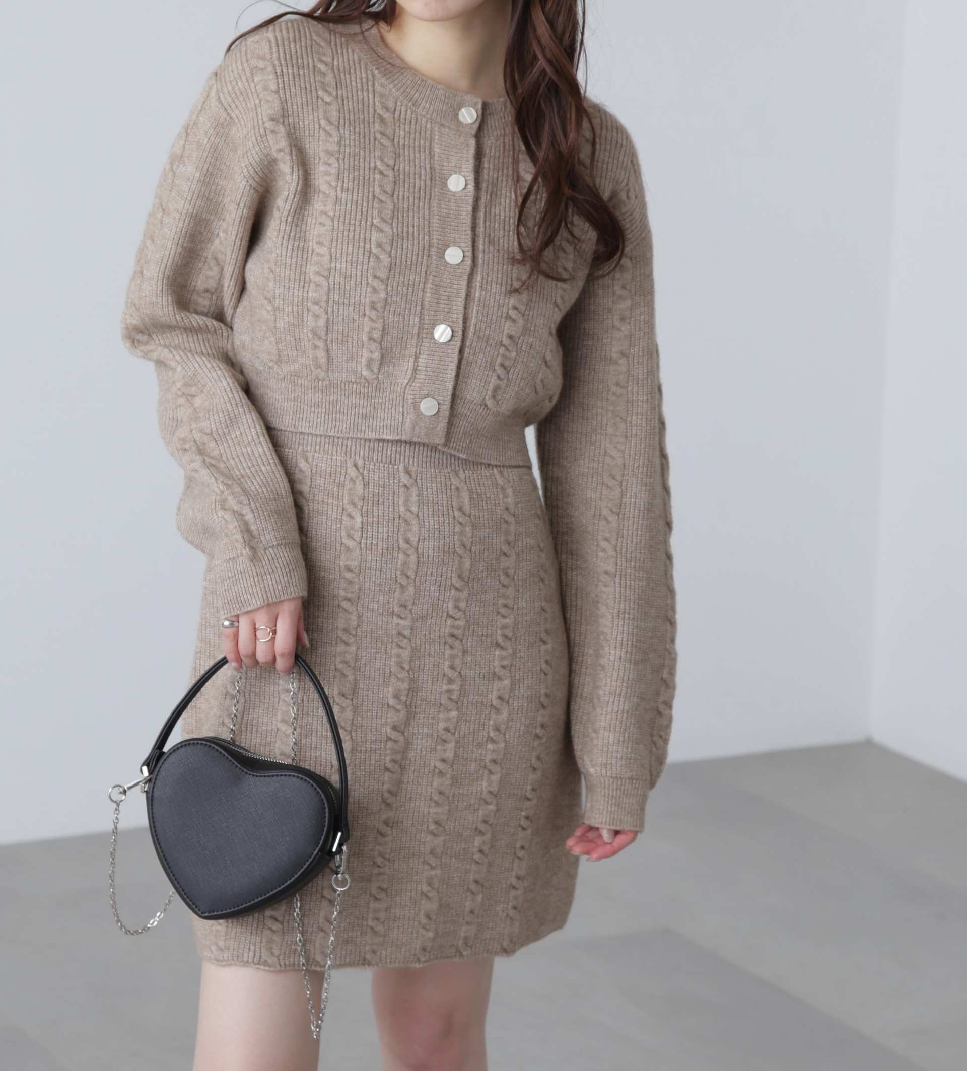 ケーブルニットカーデ×ワンピースセット ベージュ