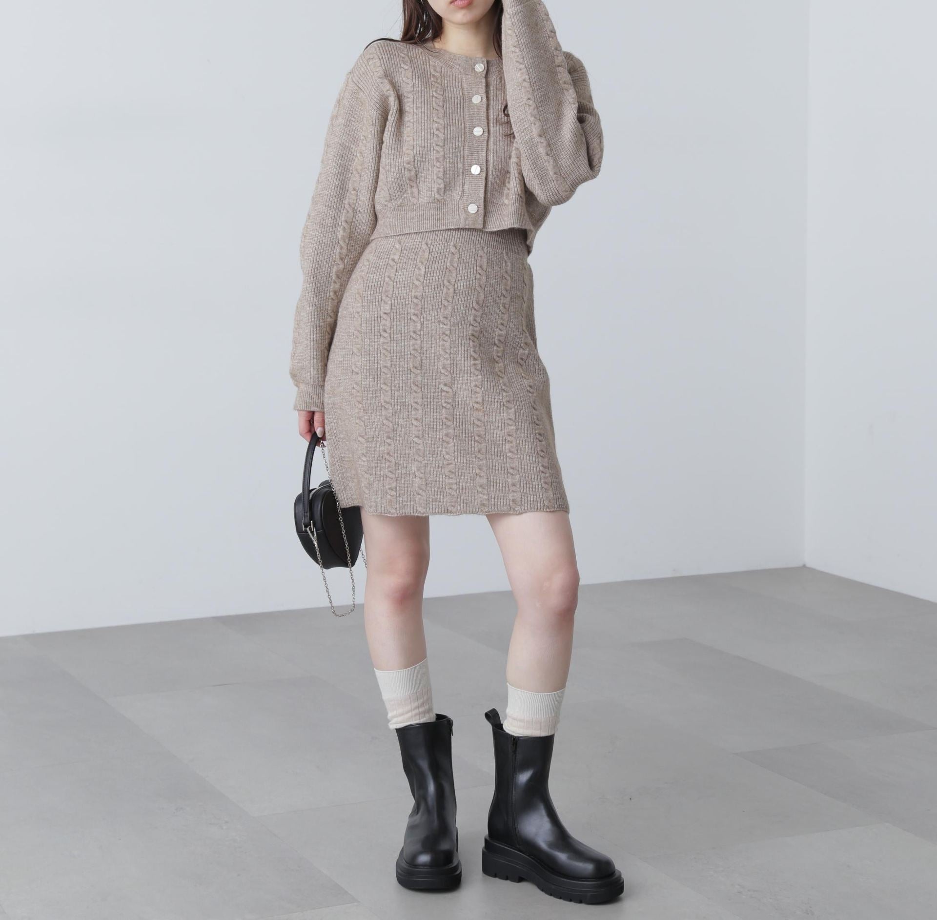 ケーブルニットカーデ×ワンピースセット ベージュ