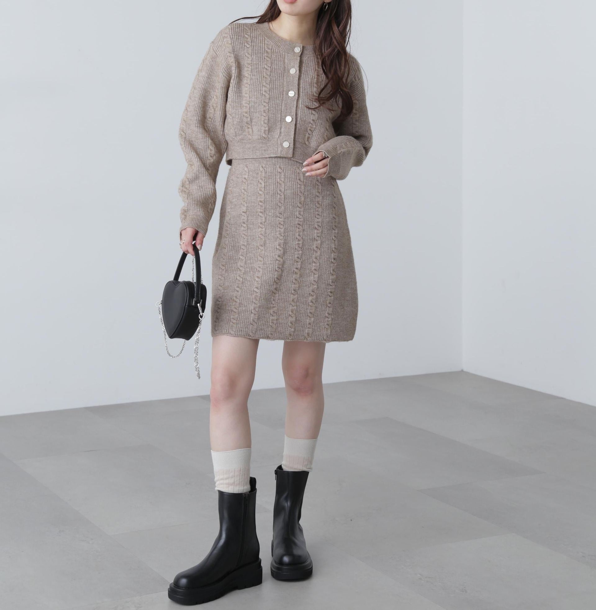 ケーブルニットカーデ×ワンピースセット ベージュ