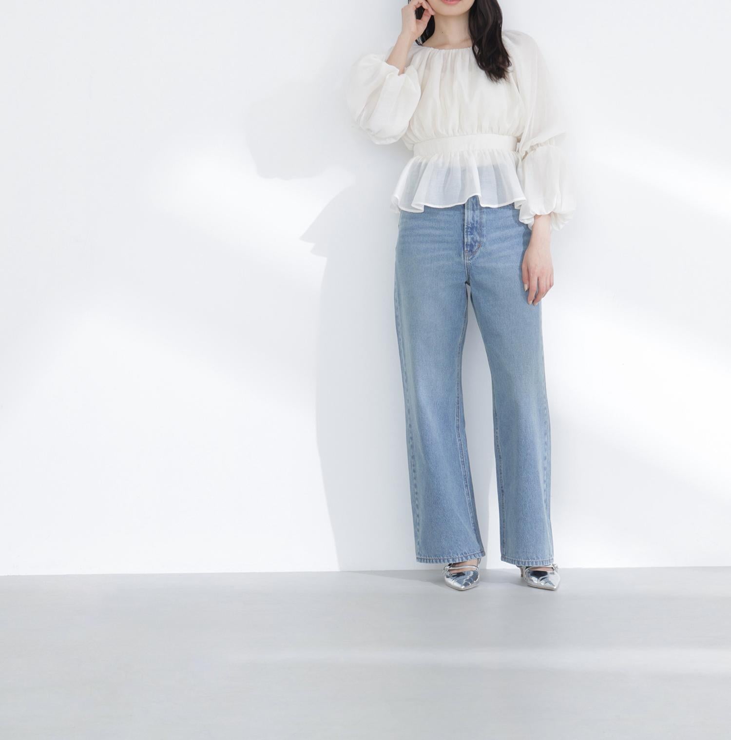 シアーギャザーペプラムブラウス オフホワイト1