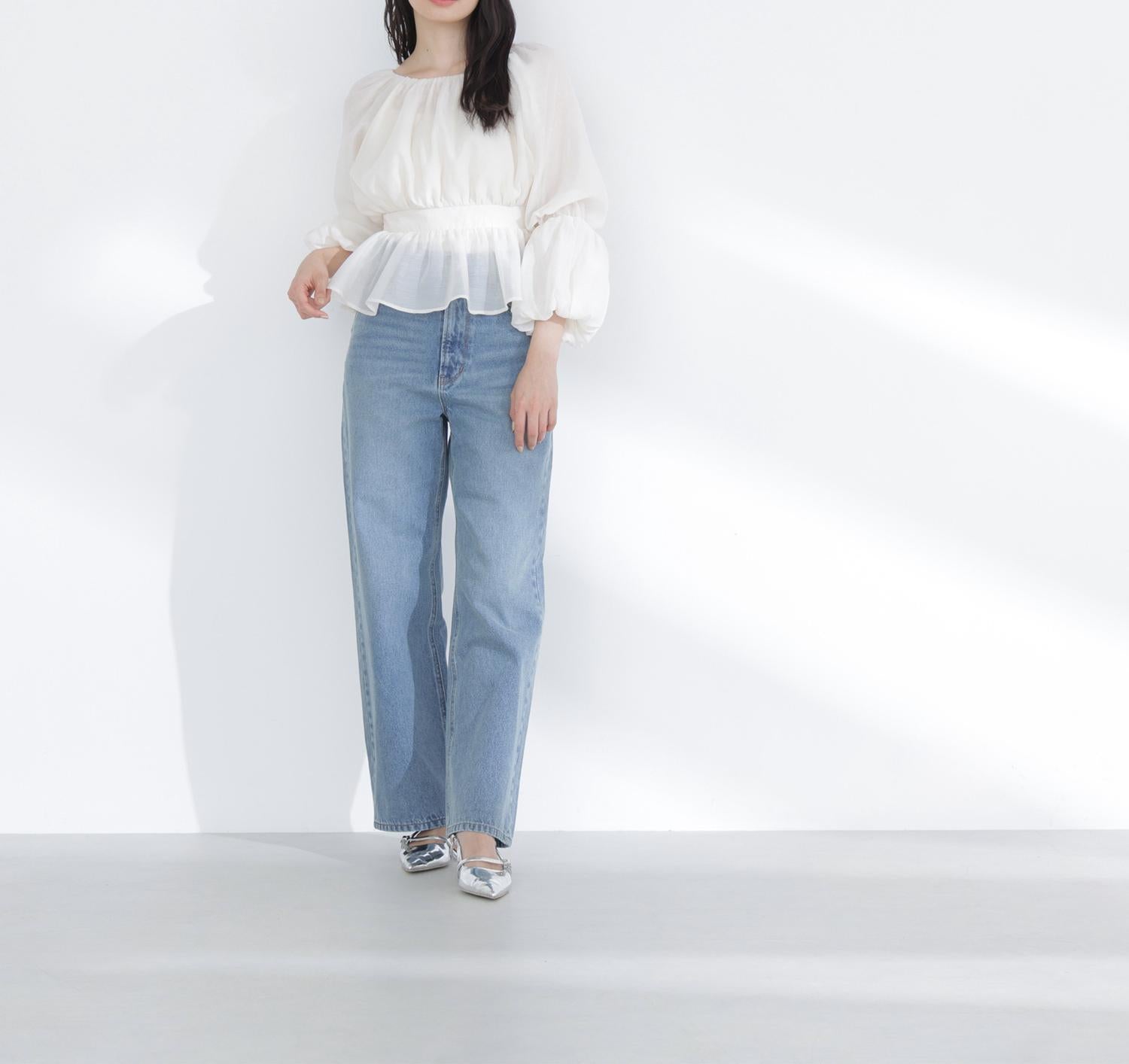 シアーギャザーペプラムブラウス オフホワイト1