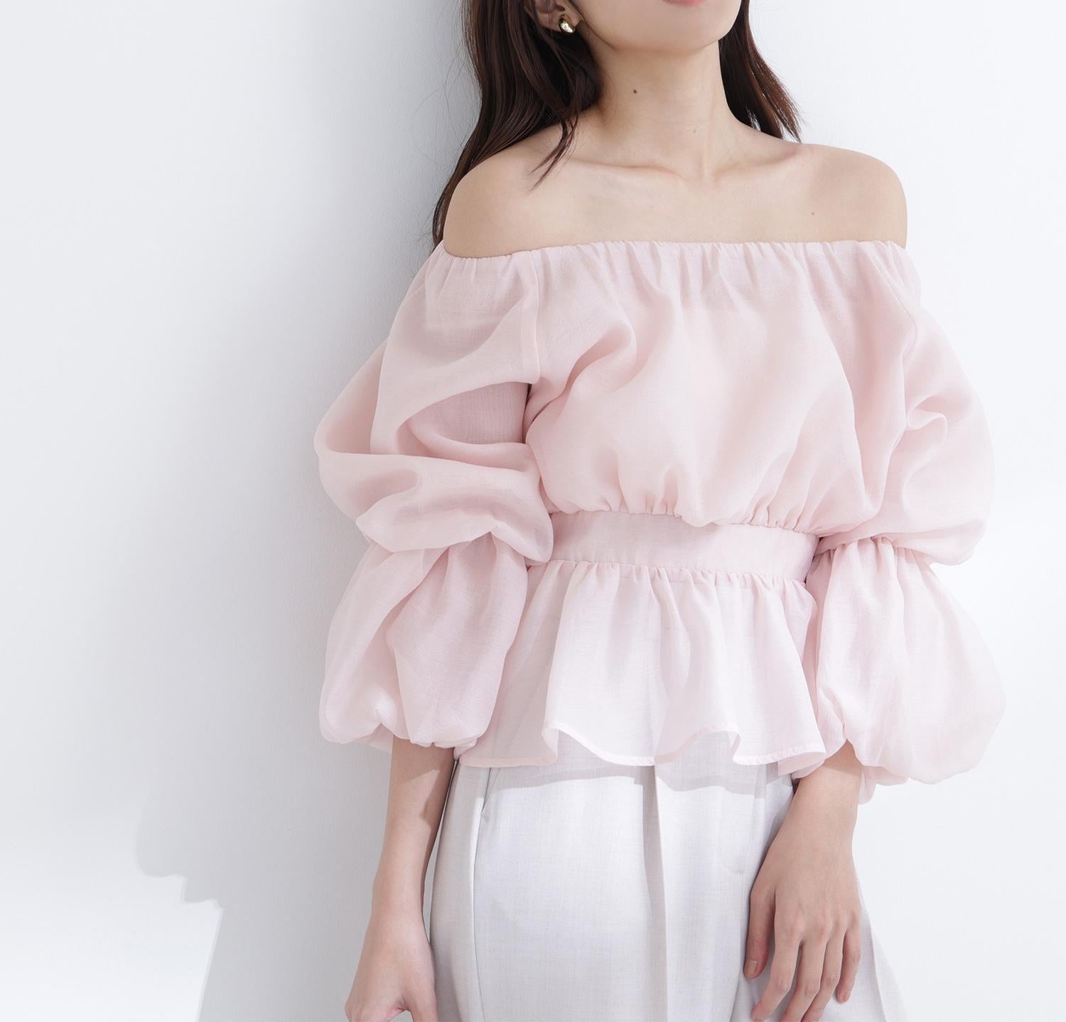シアーギャザーペプラムブラウス ピンク