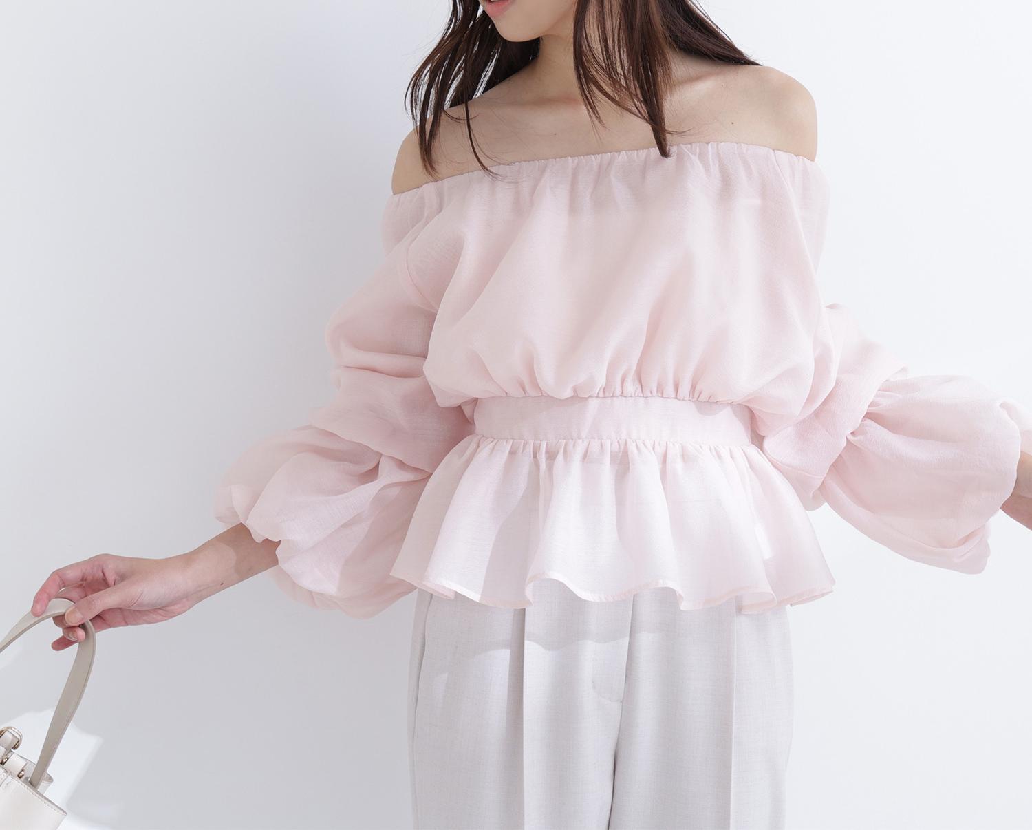 シアーギャザーペプラムブラウス ピンク