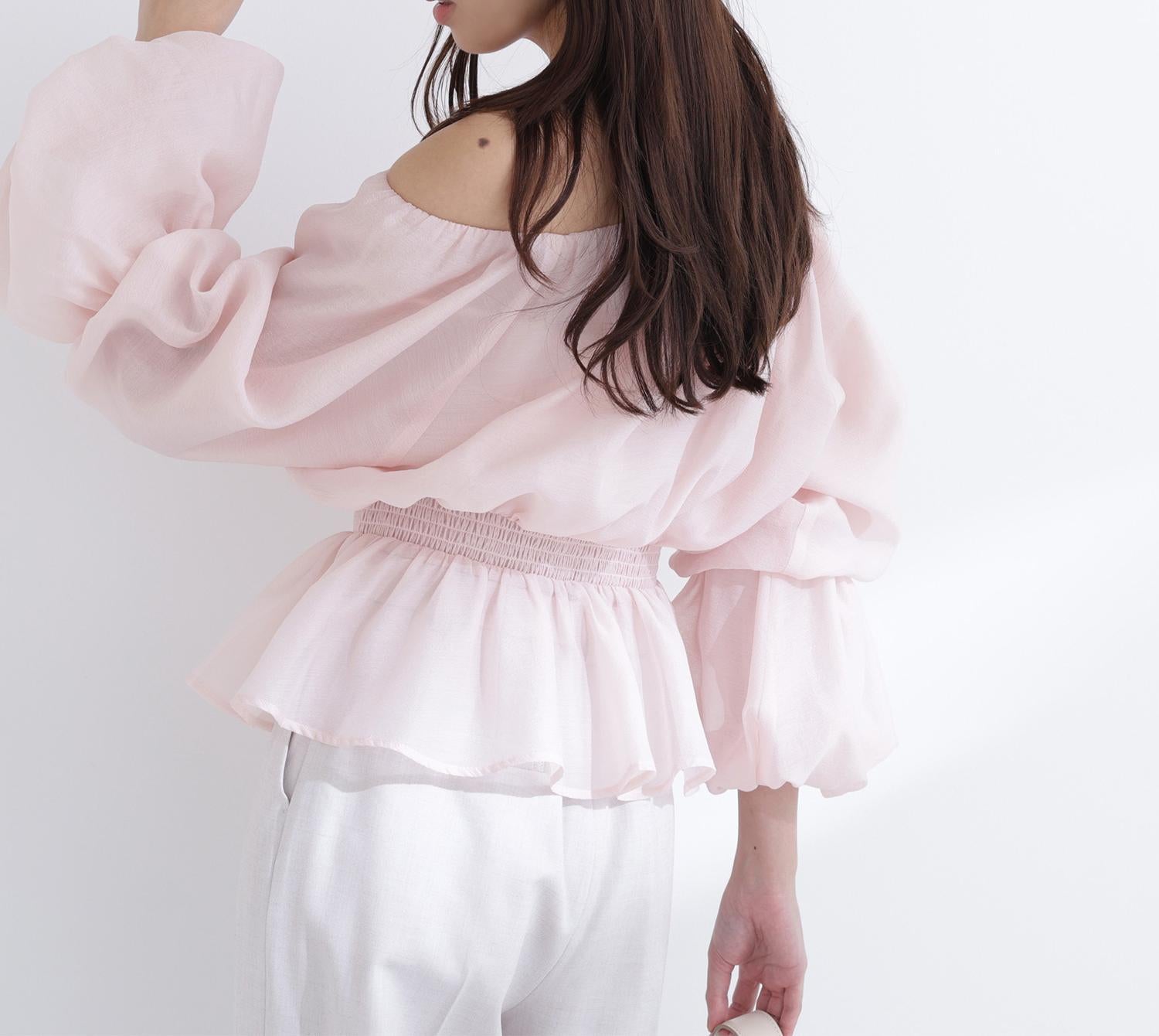 シアーギャザーペプラムブラウス ピンク