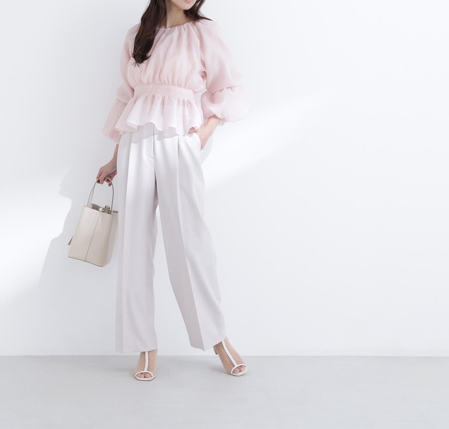 シアーギャザーペプラムブラウス ピンク