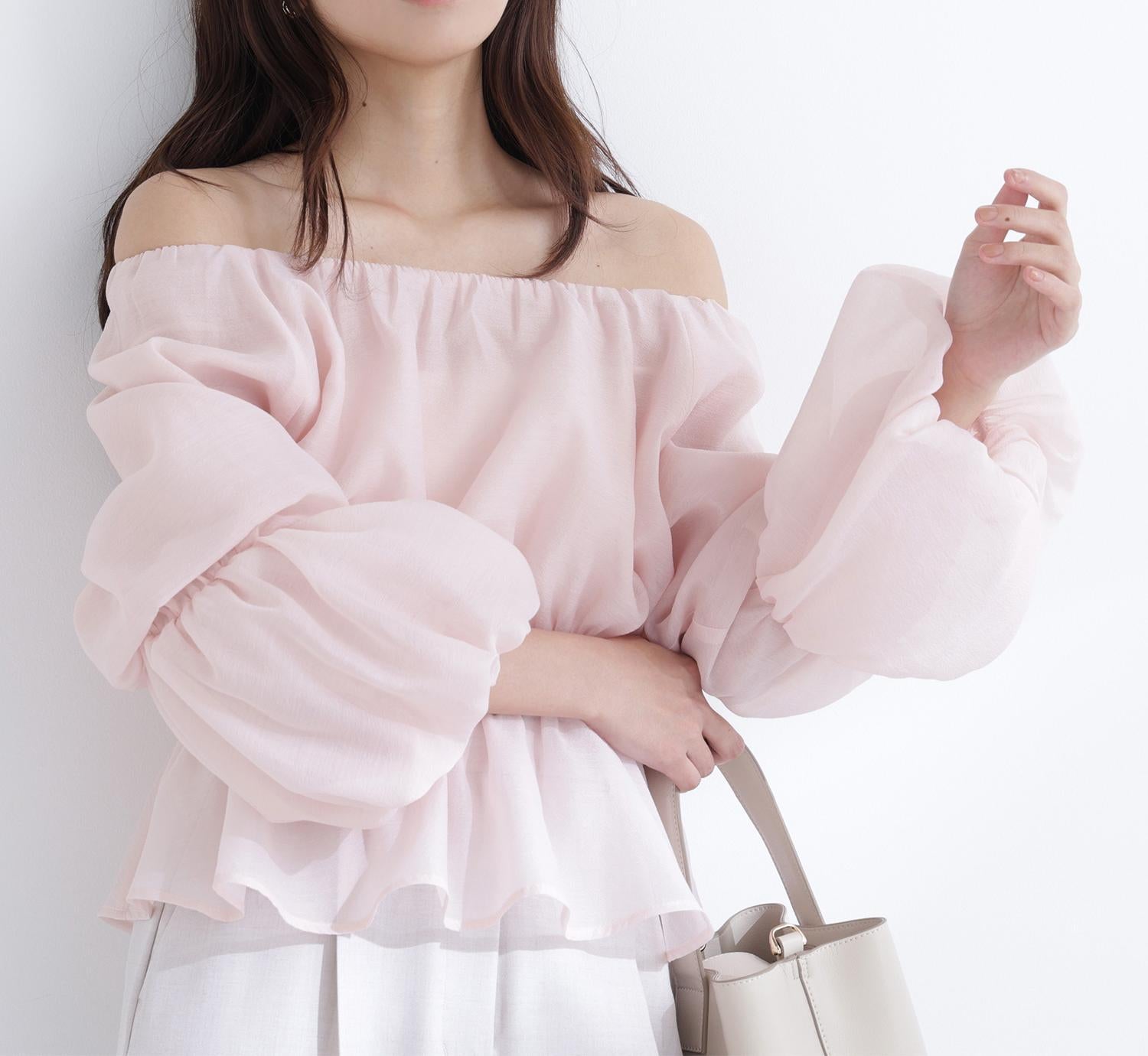シアーギャザーペプラムブラウス ピンク