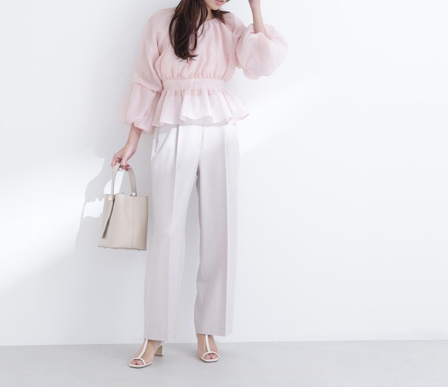 シアーギャザーペプラムブラウス ピンク