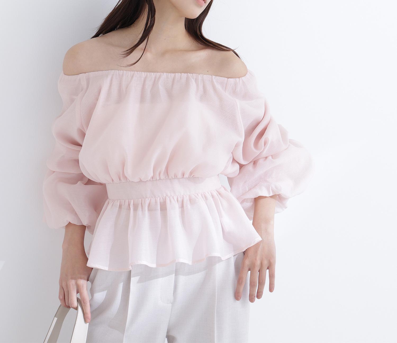 シアーギャザーペプラムブラウス ピンク