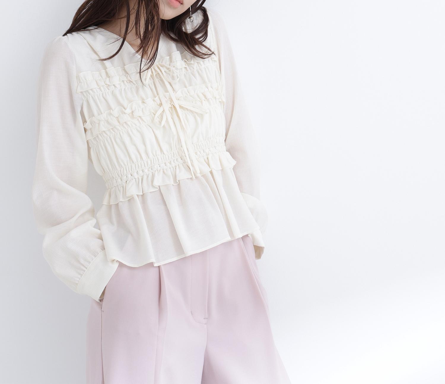 フロントリボンペプラム楊柳ブラウス オフホワイト1