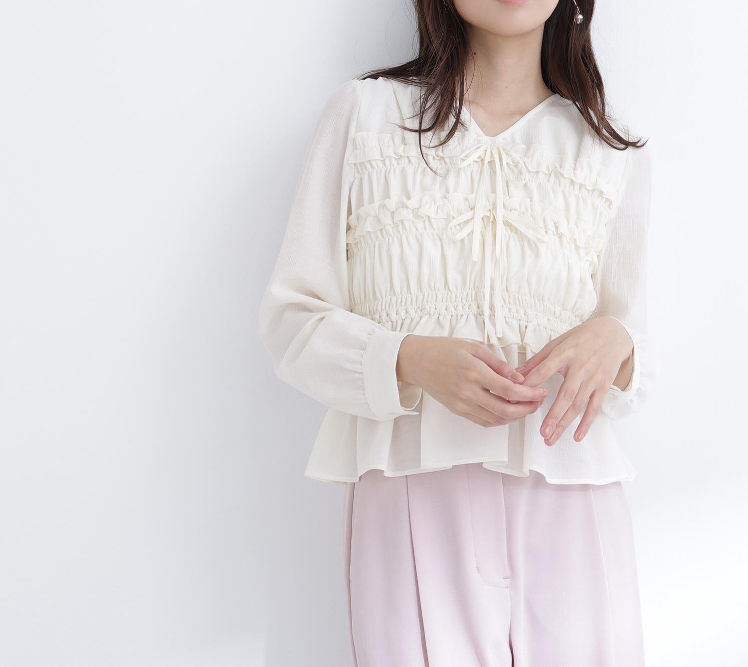 フロントリボンペプラム楊柳ブラウス オフホワイト1